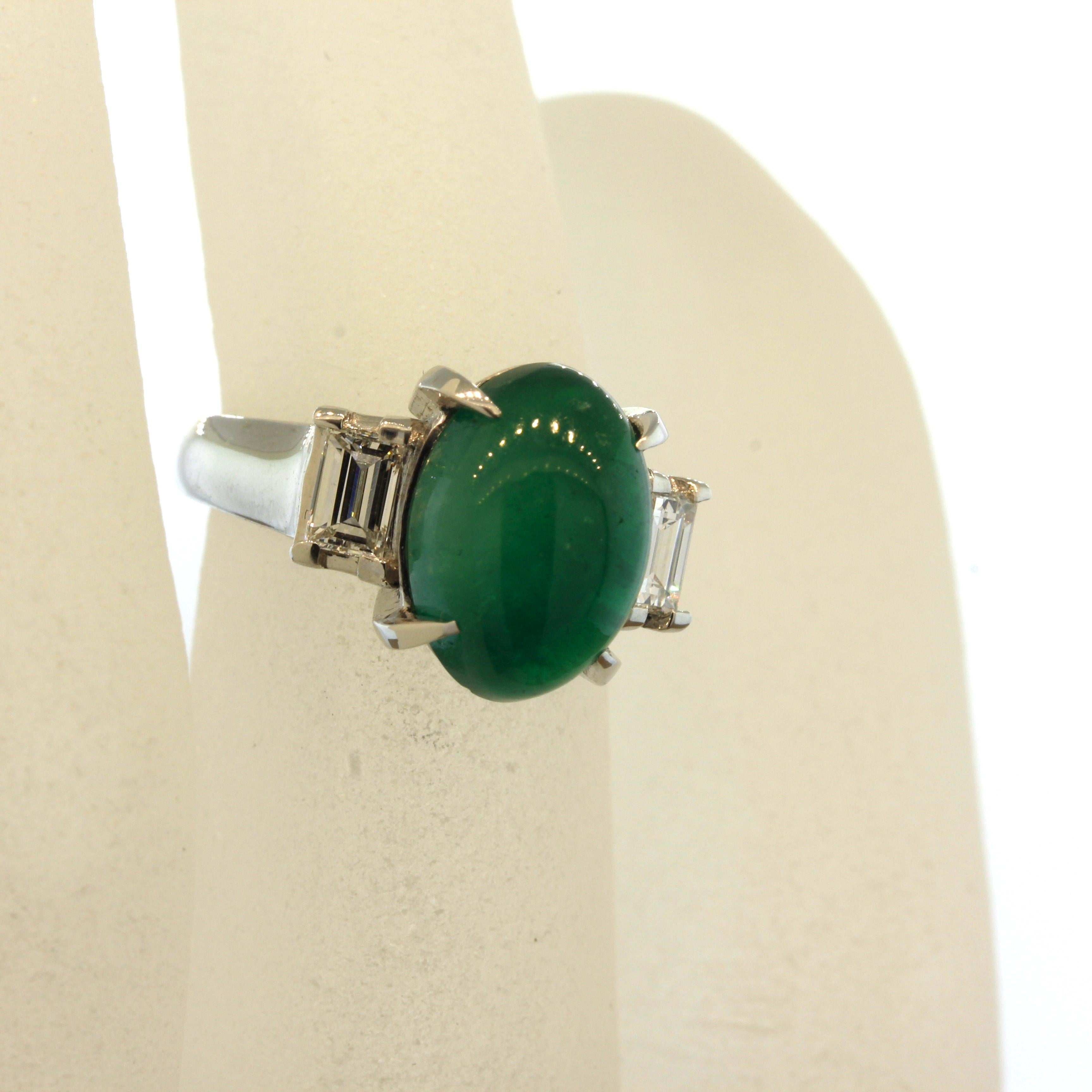 For Sale:  Cabochon Emerald Diamond 3-Stone Platinum Ring 6