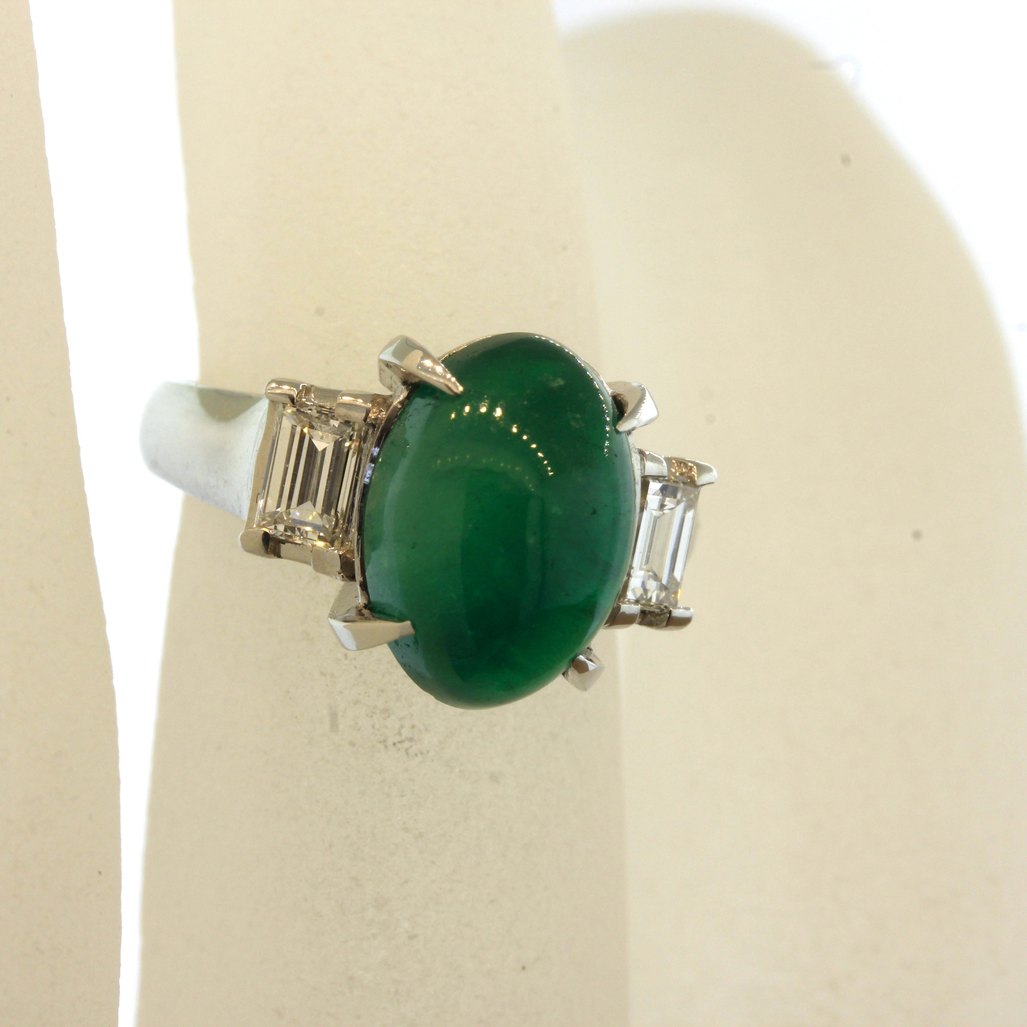 For Sale:  Cabochon Emerald Diamond 3-Stone Platinum Ring 7