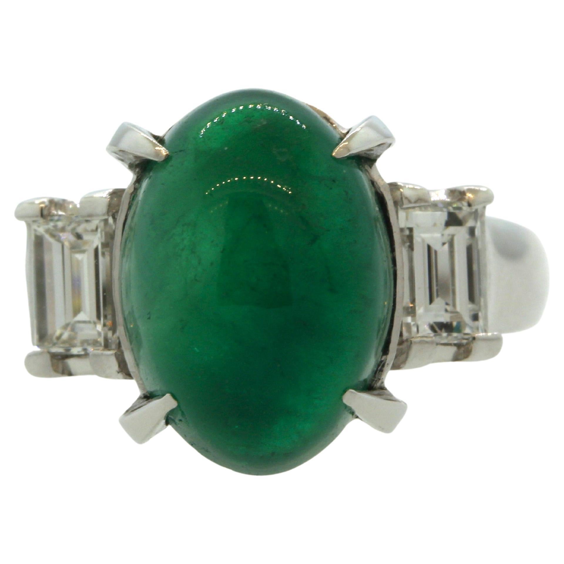 For Sale:  Cabochon Emerald Diamond 3-Stone Platinum Ring
