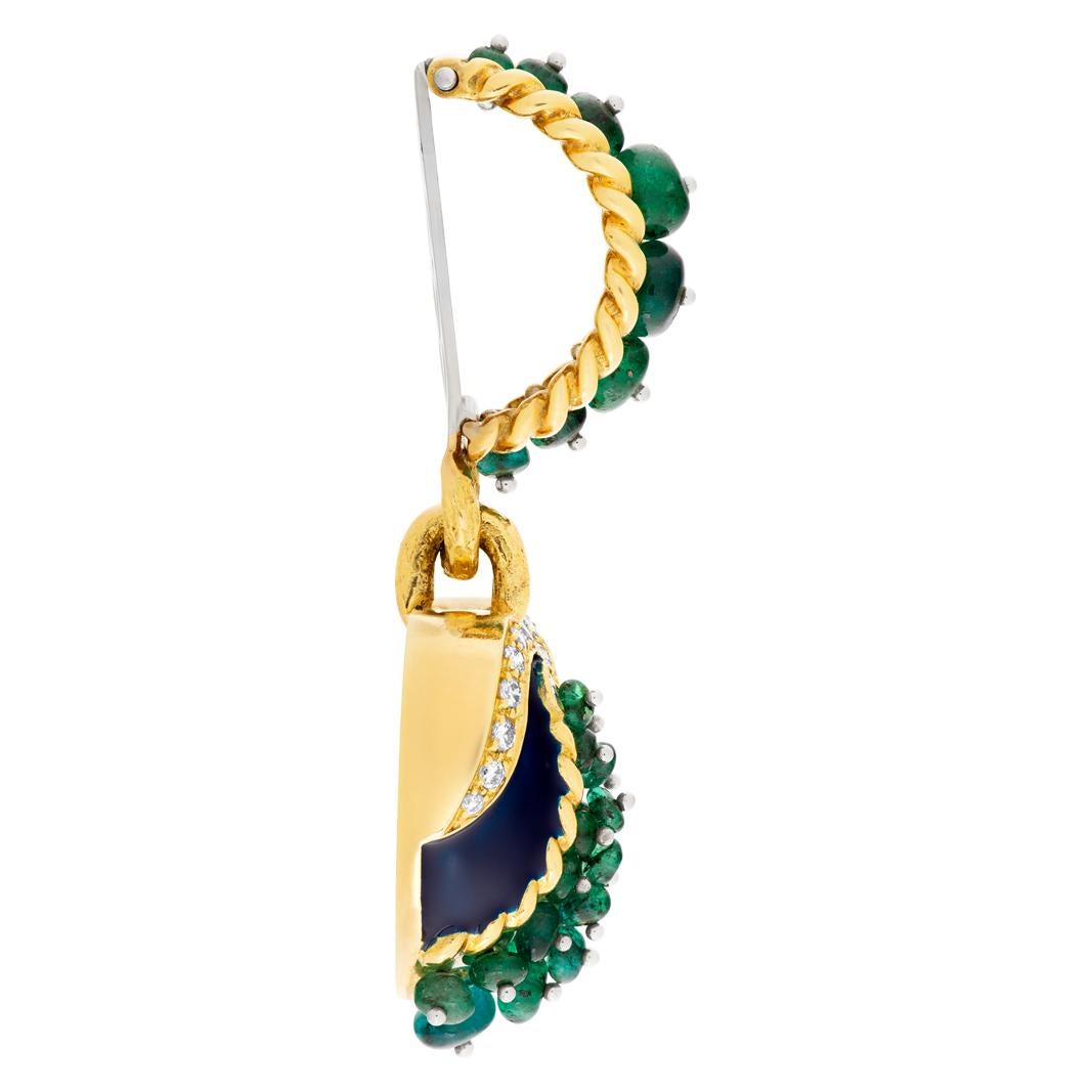ESTIMATED RETAIL: $5,040 YOUR PRICE: $3,100 - Cabochon emerald, diamond and blue enamel pendant in 18k, with over 3 carats in green emeralds and 0.50 carat in diamond accents. Made in Italy. Hanging length 2.15 inches.