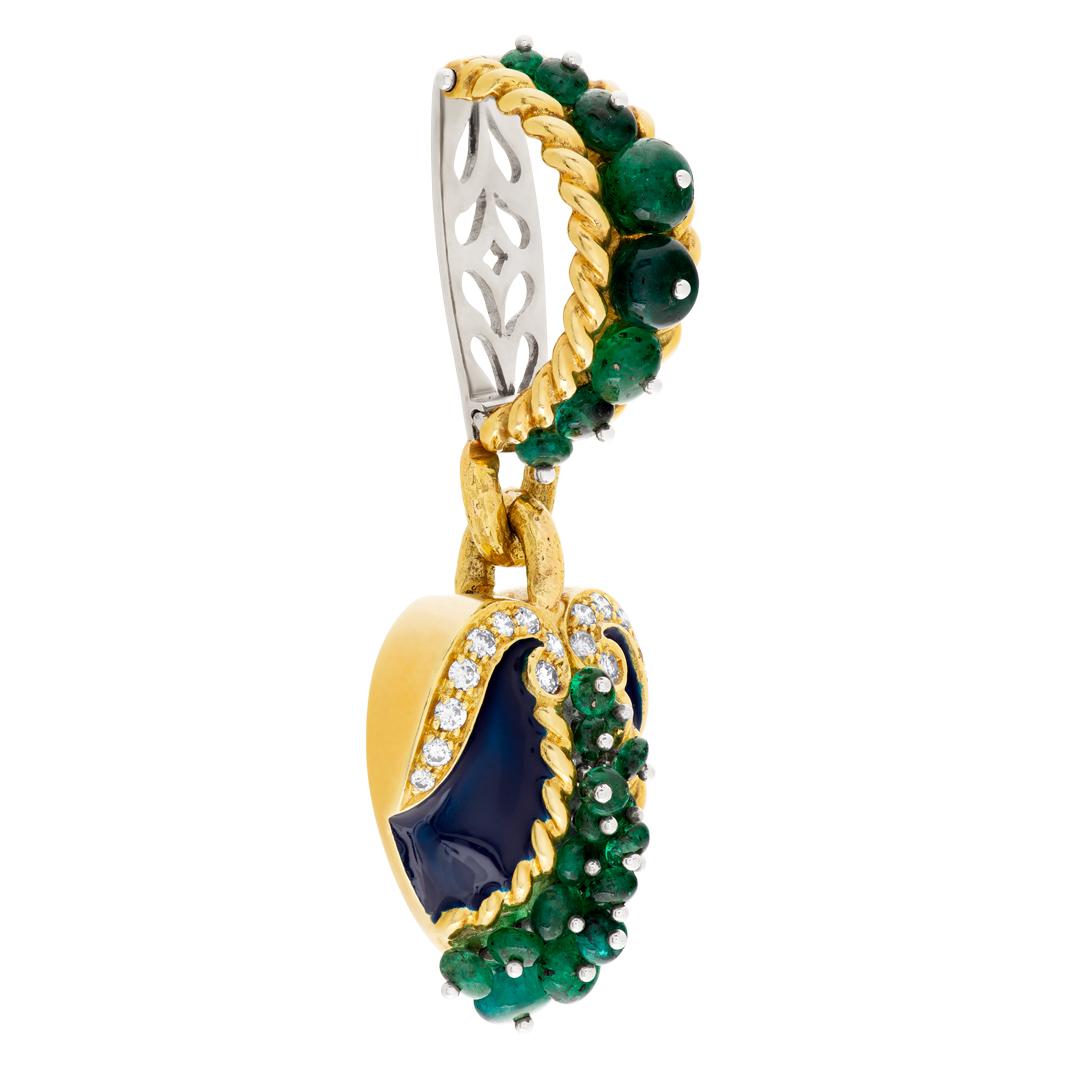 Modernist Cabochon Emerald, Diamond and Blue Enamel Pendant in 18k For Sale