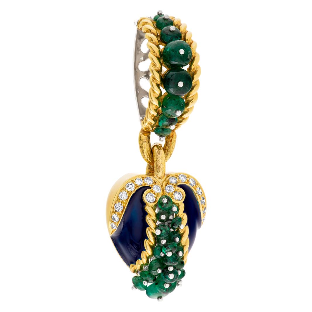 Cabochon Emerald, Diamond and Blue Enamel Pendant in 18k In Excellent Condition For Sale In Surfside, FL
