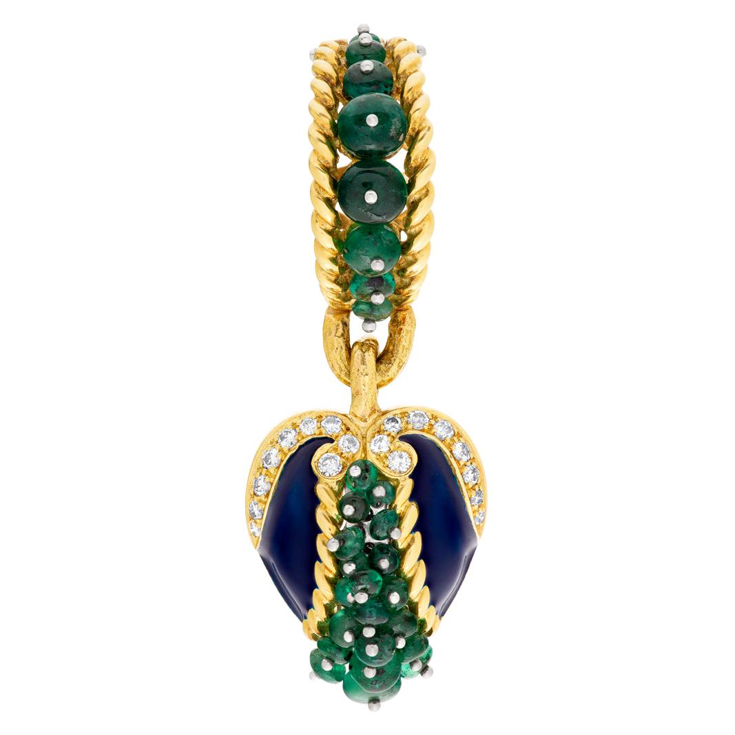 Cabochon Emerald, Diamond and Blue Enamel Pendant in 18k For Sale