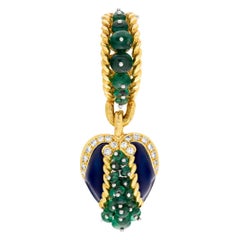 Cabochon Emerald, Diamond and Blue Enamel Pendant in 18k