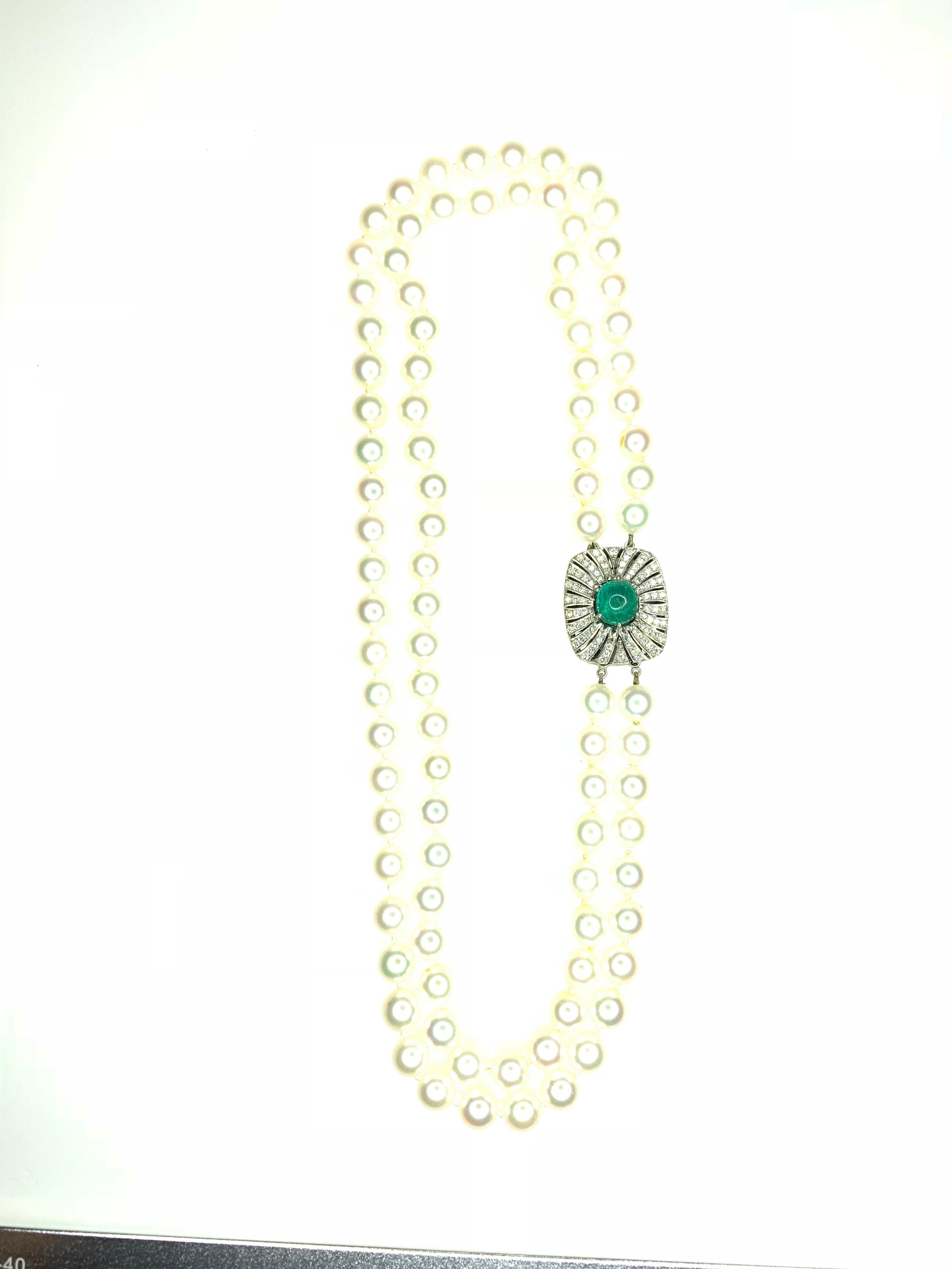 Modern GEMOLITHOS Cabochon Emerald Diamond and Cultured Pearl Necklace For Sale