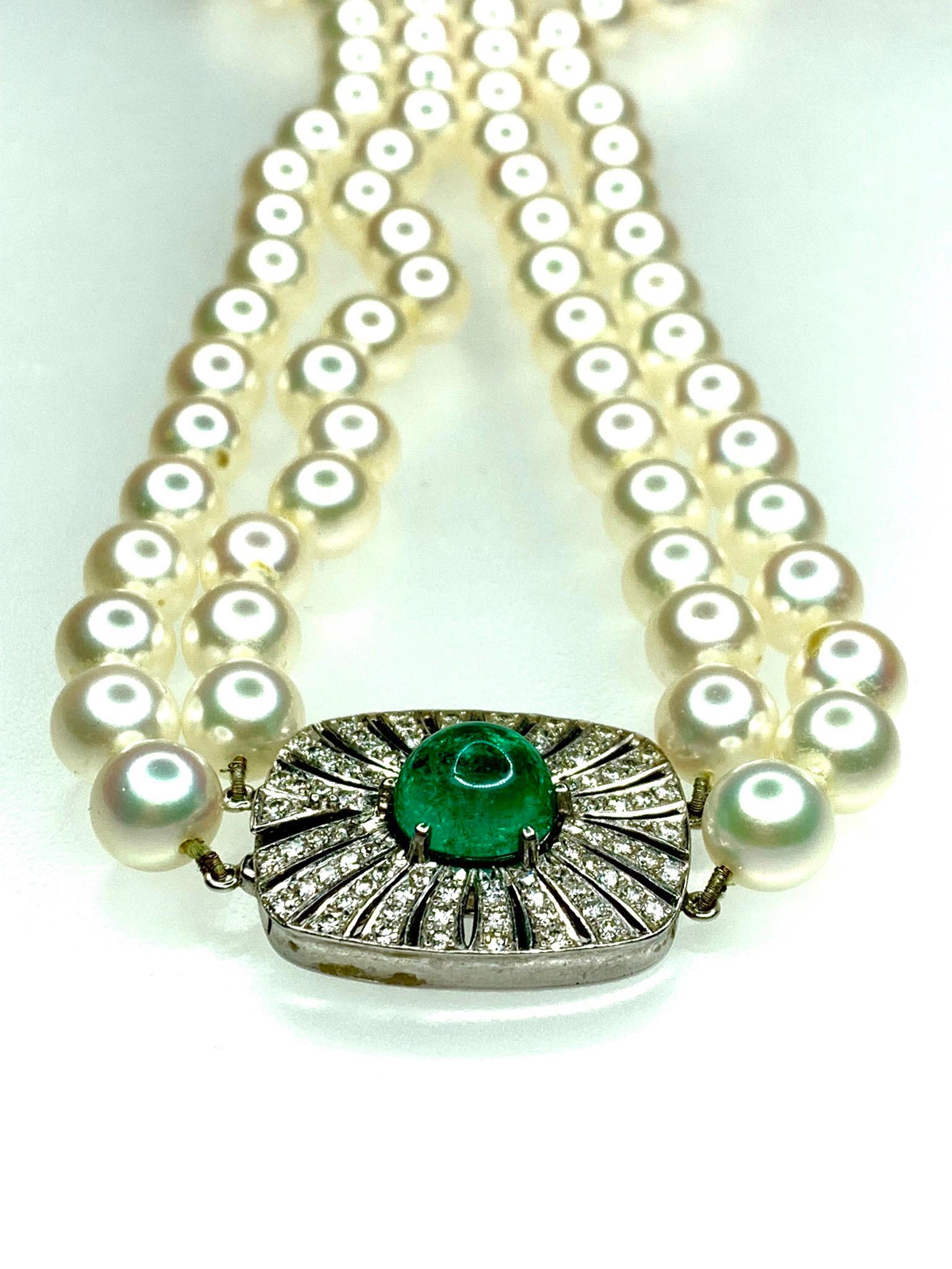 Round Cut GEMOLITHOS Cabochon Emerald Diamond and Cultured Pearl Necklace For Sale