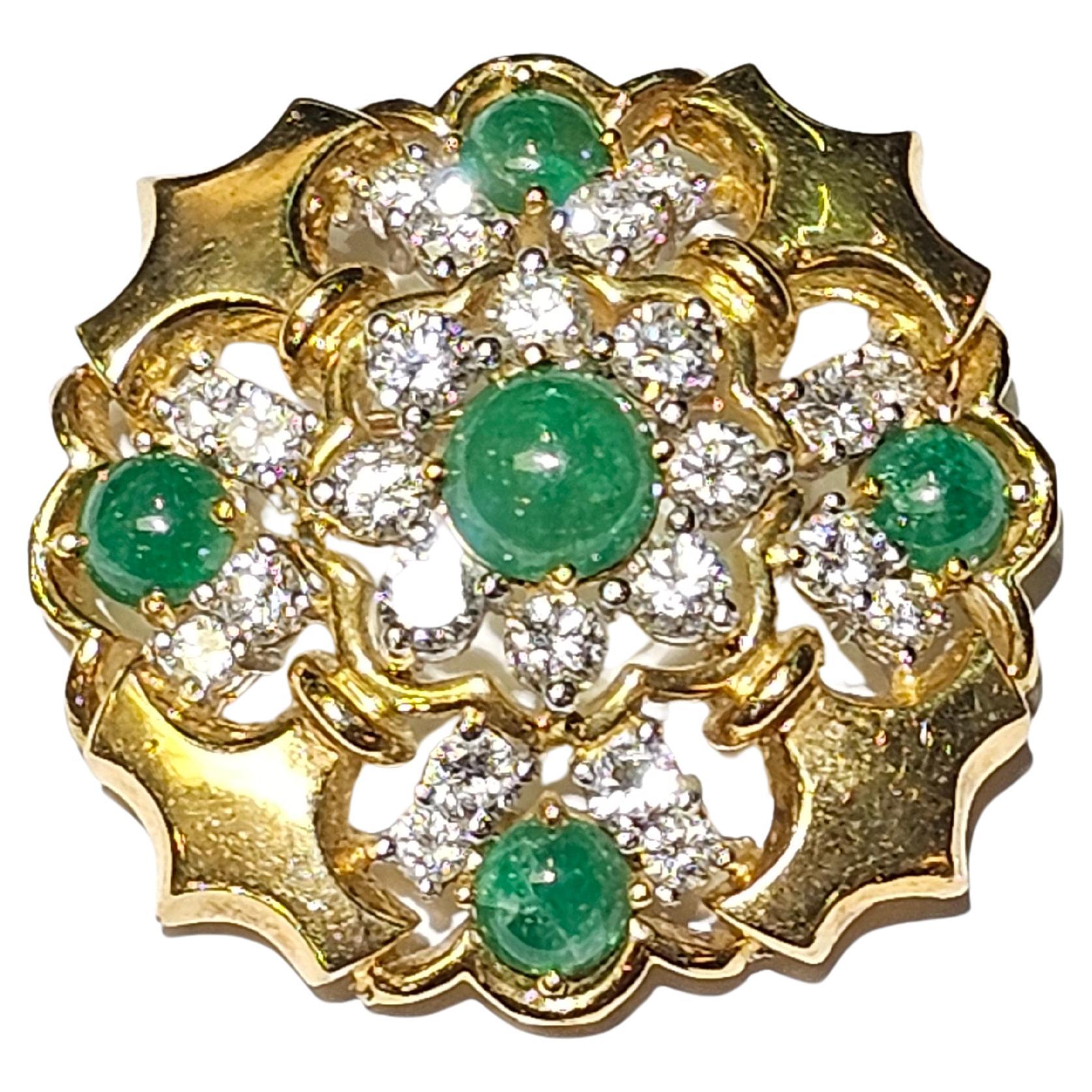 Cabochon Emerald & Diamond Brooch

An 18-karat yellow gold brooch set with 5 cabochon emeralds and 24 round cut diamonds

Stamped 18K

Diameter: 1.5