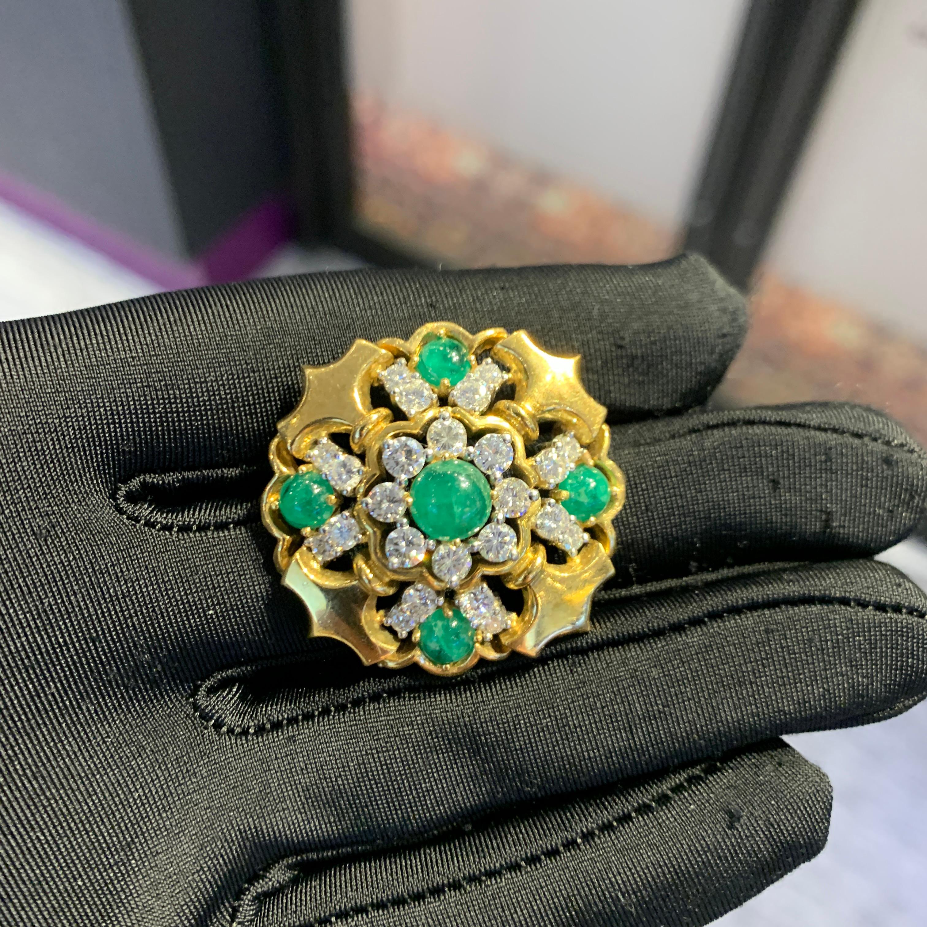 Cabochon Emerald & Diamond Brooch In Excellent Condition For Sale In New York, NY
