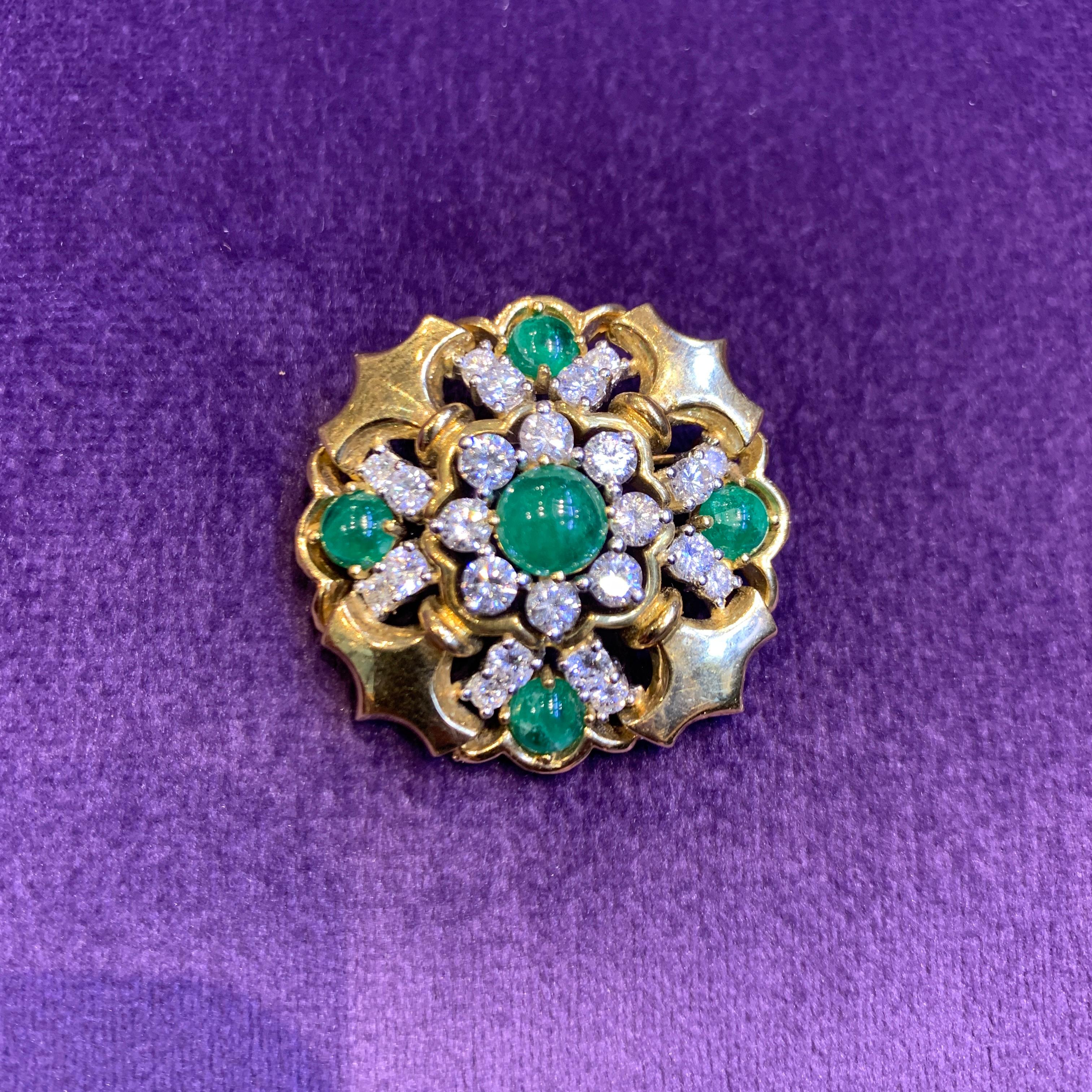 Women's Cabochon Emerald & Diamond Brooch For Sale