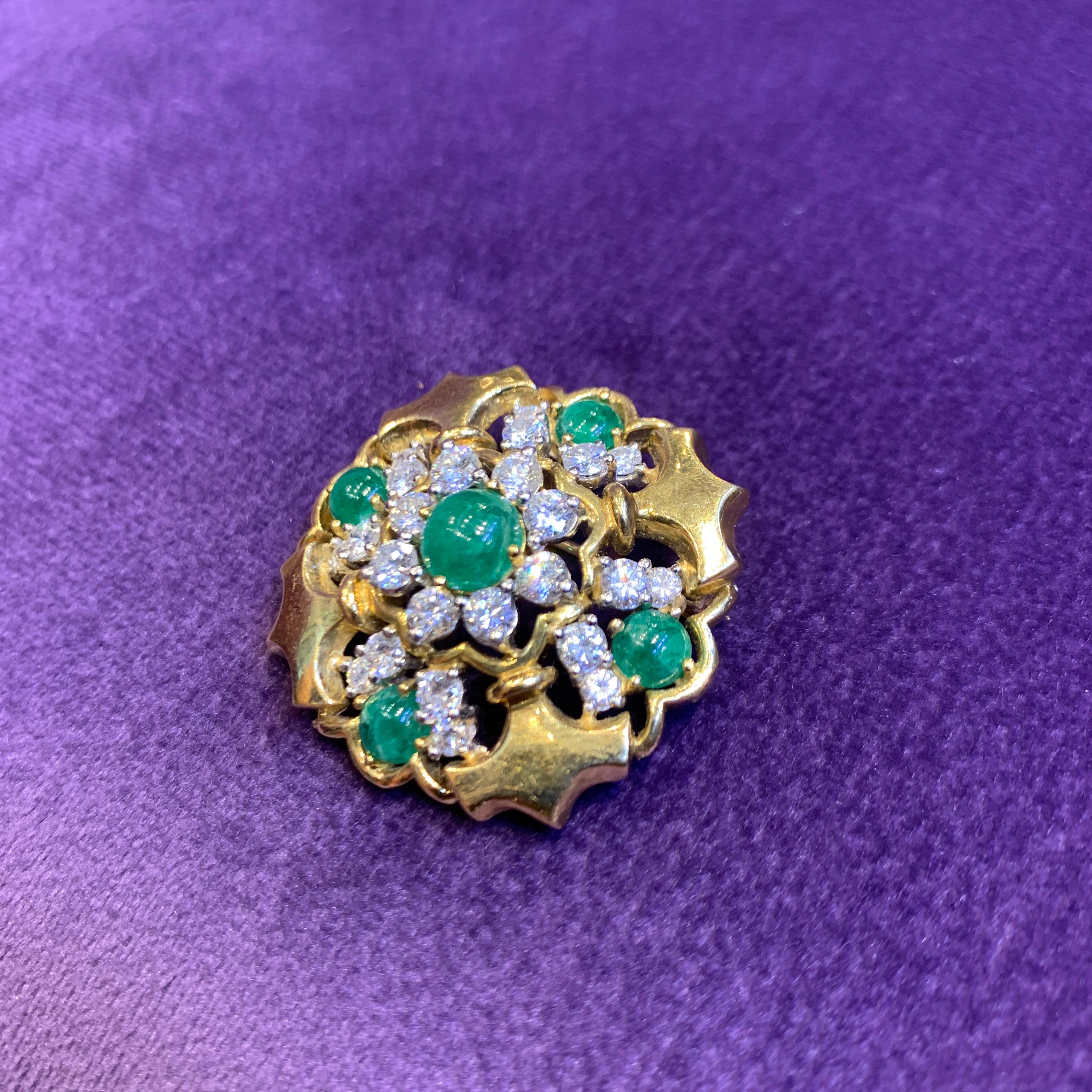Cabochon Emerald & Diamond Brooch For Sale 1