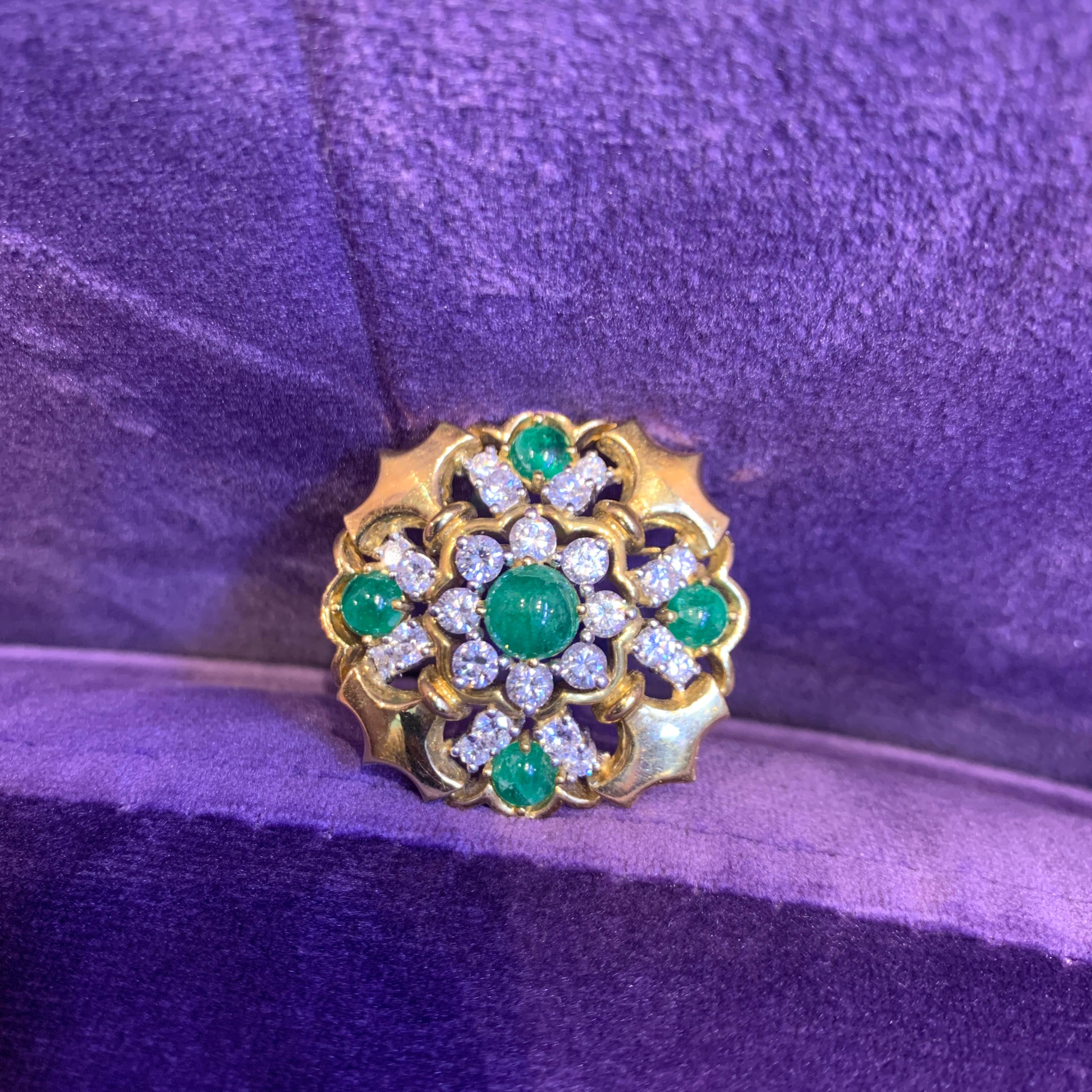 Cabochon Emerald & Diamond Brooch For Sale 3