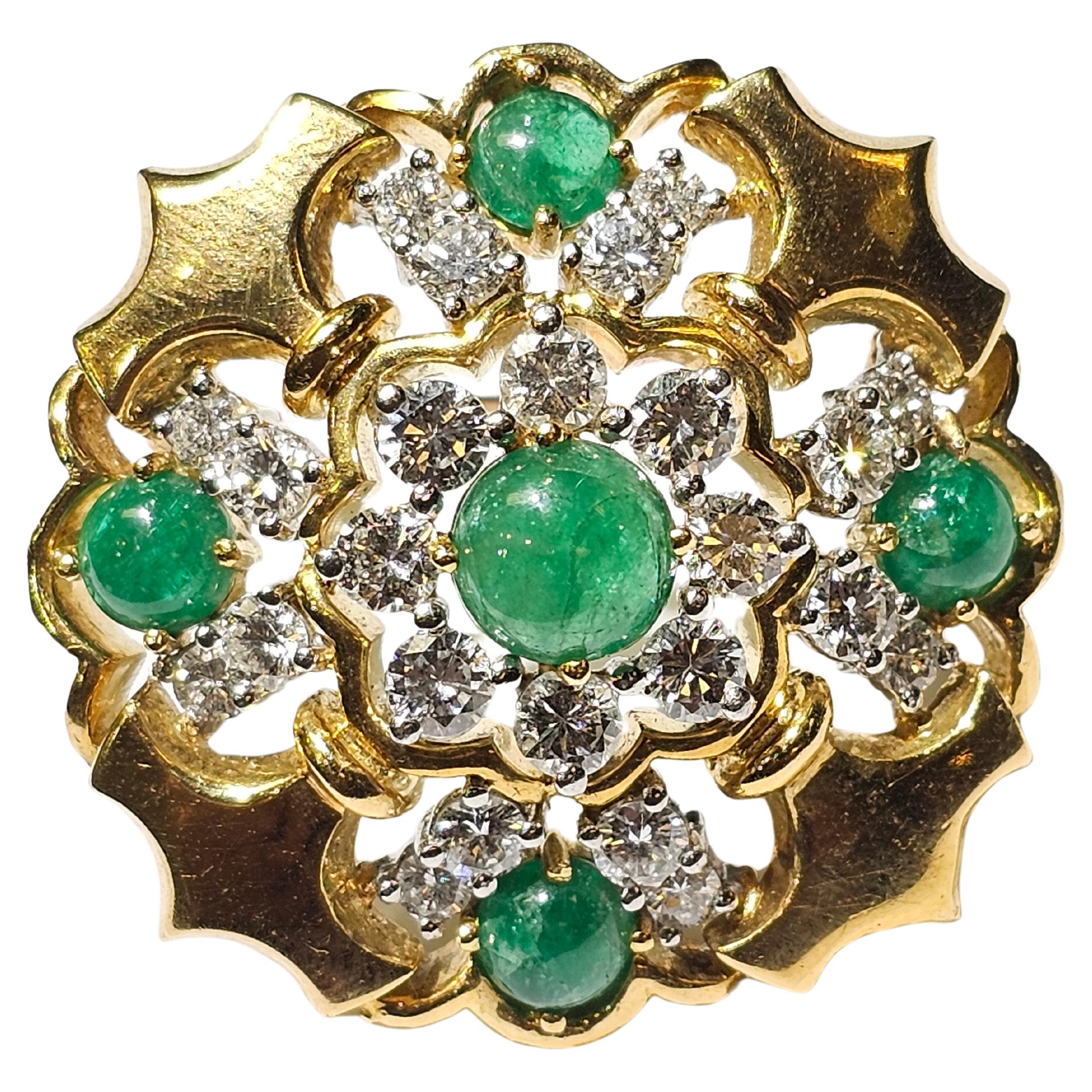 Cabochon Emerald & Diamond Brooch For Sale