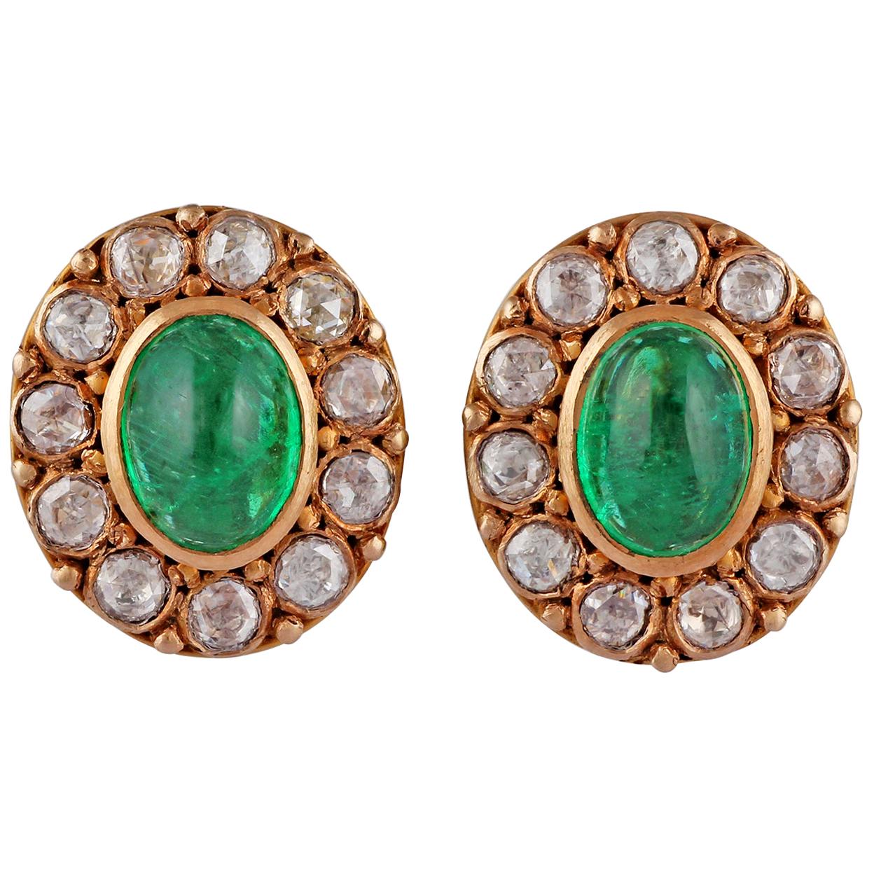 Cabochon Emerald and Diamond Earring Studded in 18 Karat Yellow Gold