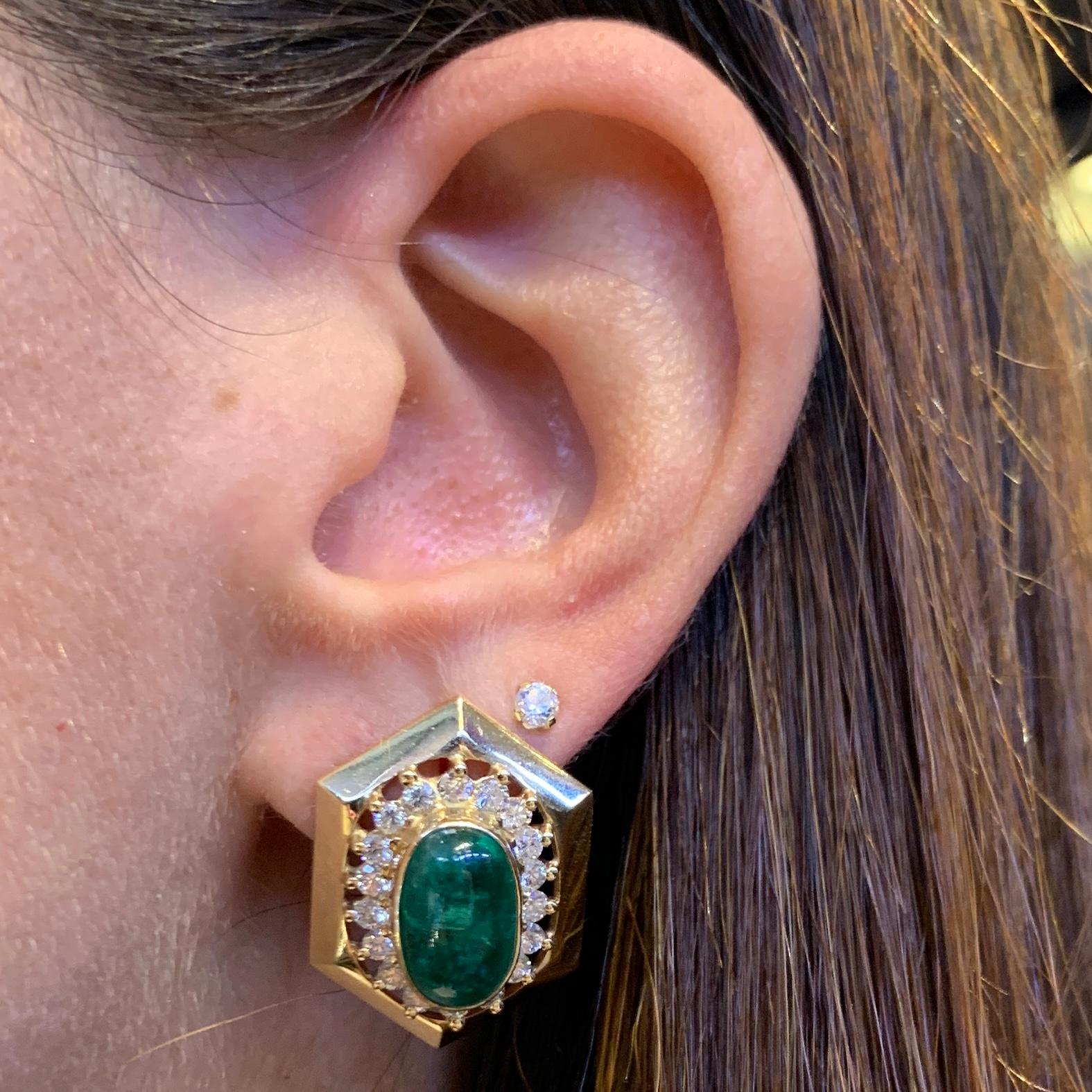 Cabochon Emerald & Diamond Earrings In Excellent Condition For Sale In New York, NY