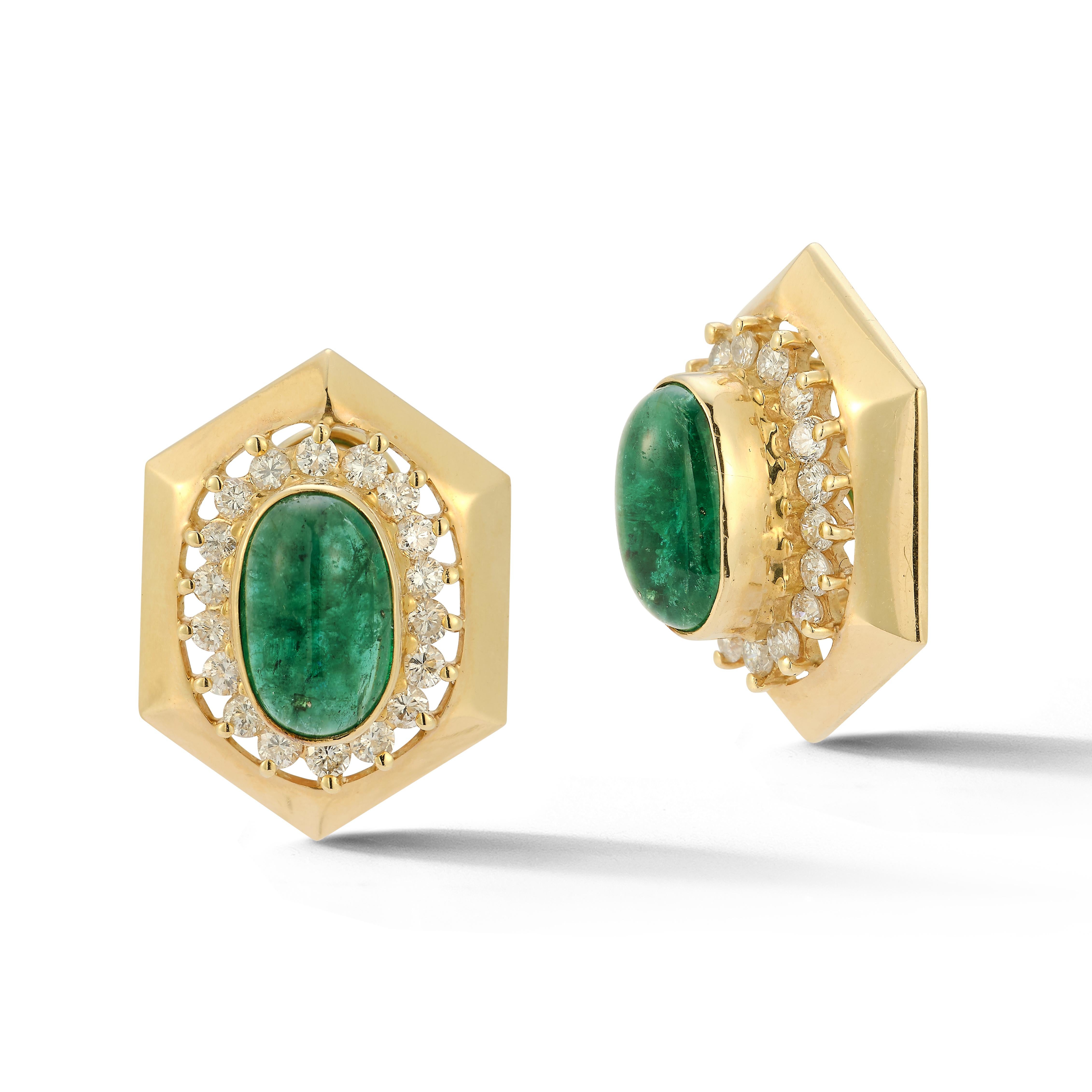 Women's Cabochon Emerald & Diamond Earrings For Sale