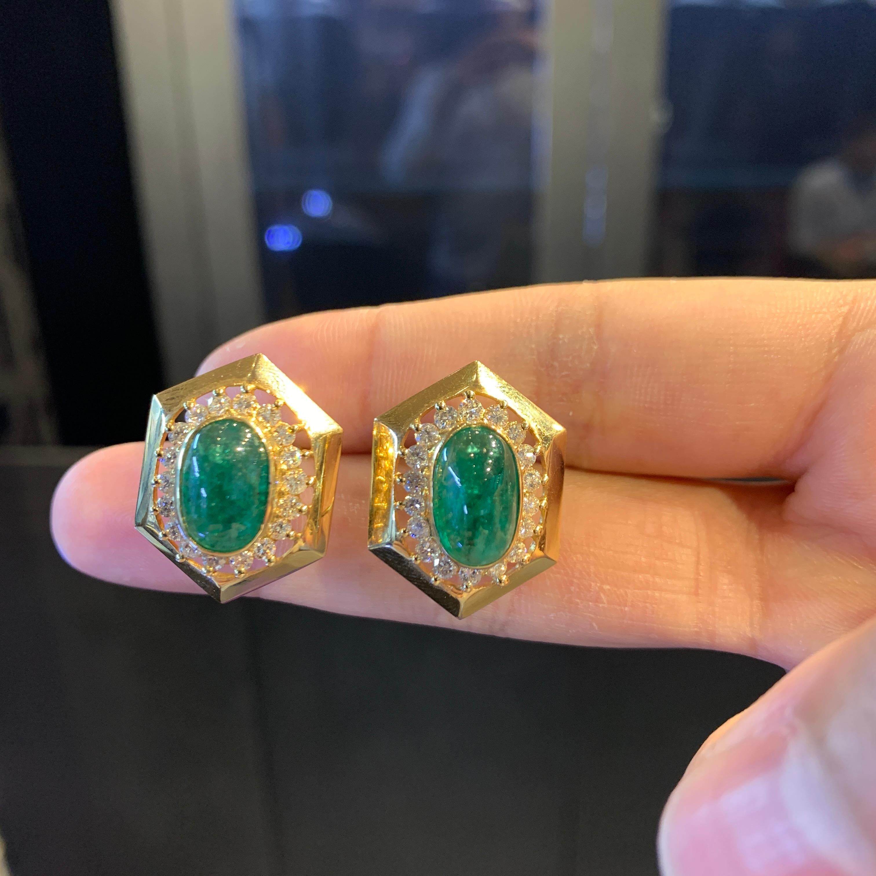 Cabochon Emerald & Diamond Earrings For Sale 1