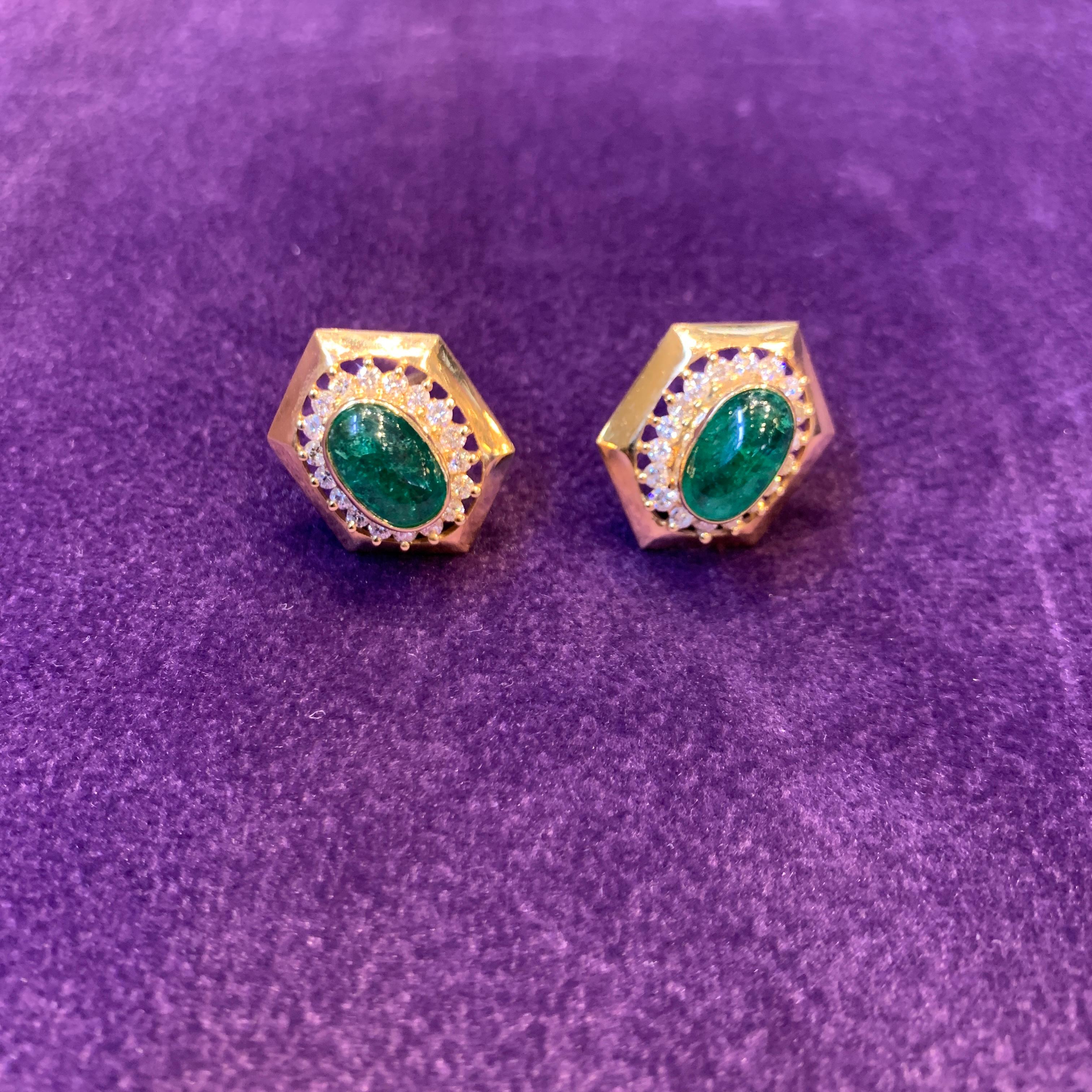 Cabochon Emerald & Diamond Earrings For Sale 2
