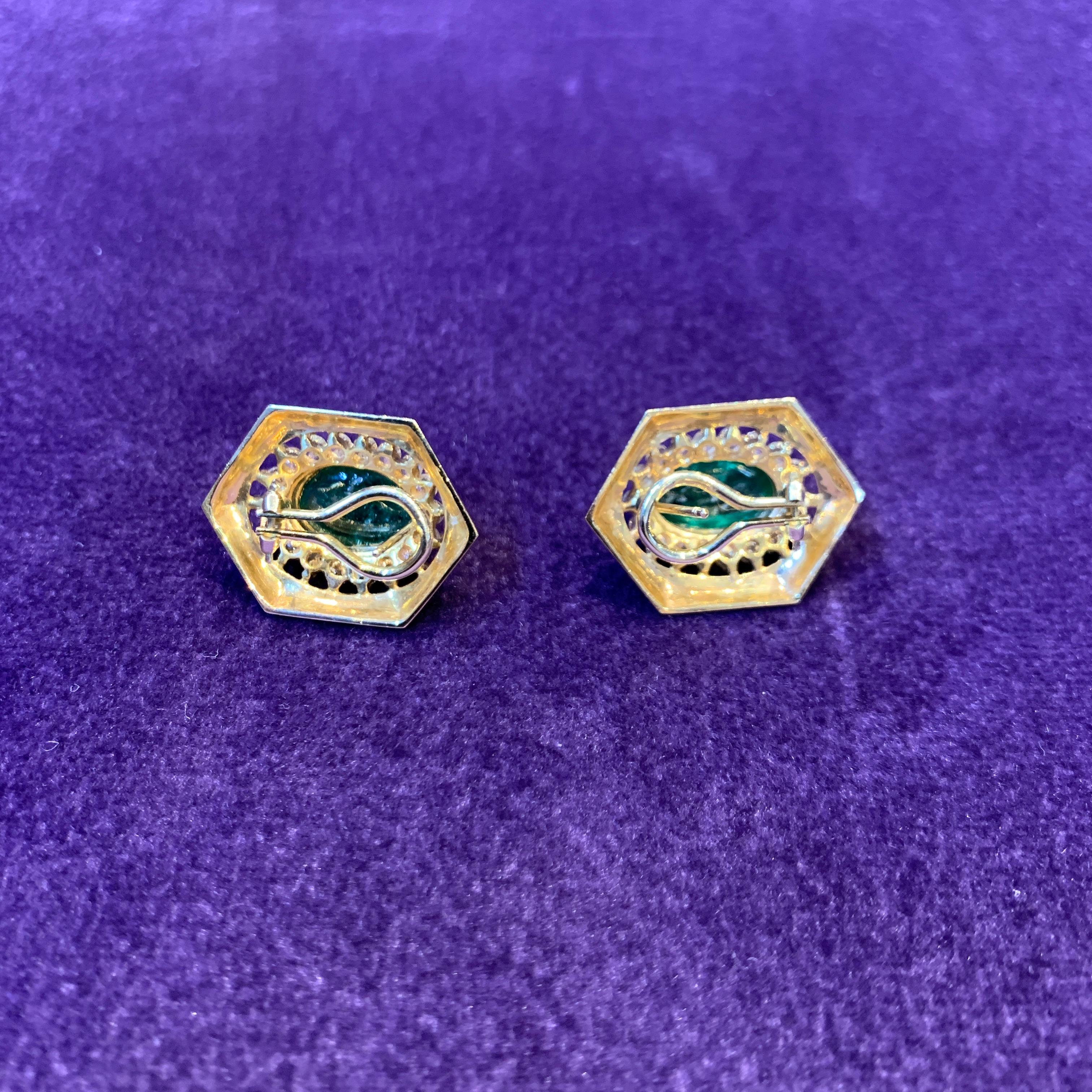 Cabochon Emerald & Diamond Earrings For Sale 3
