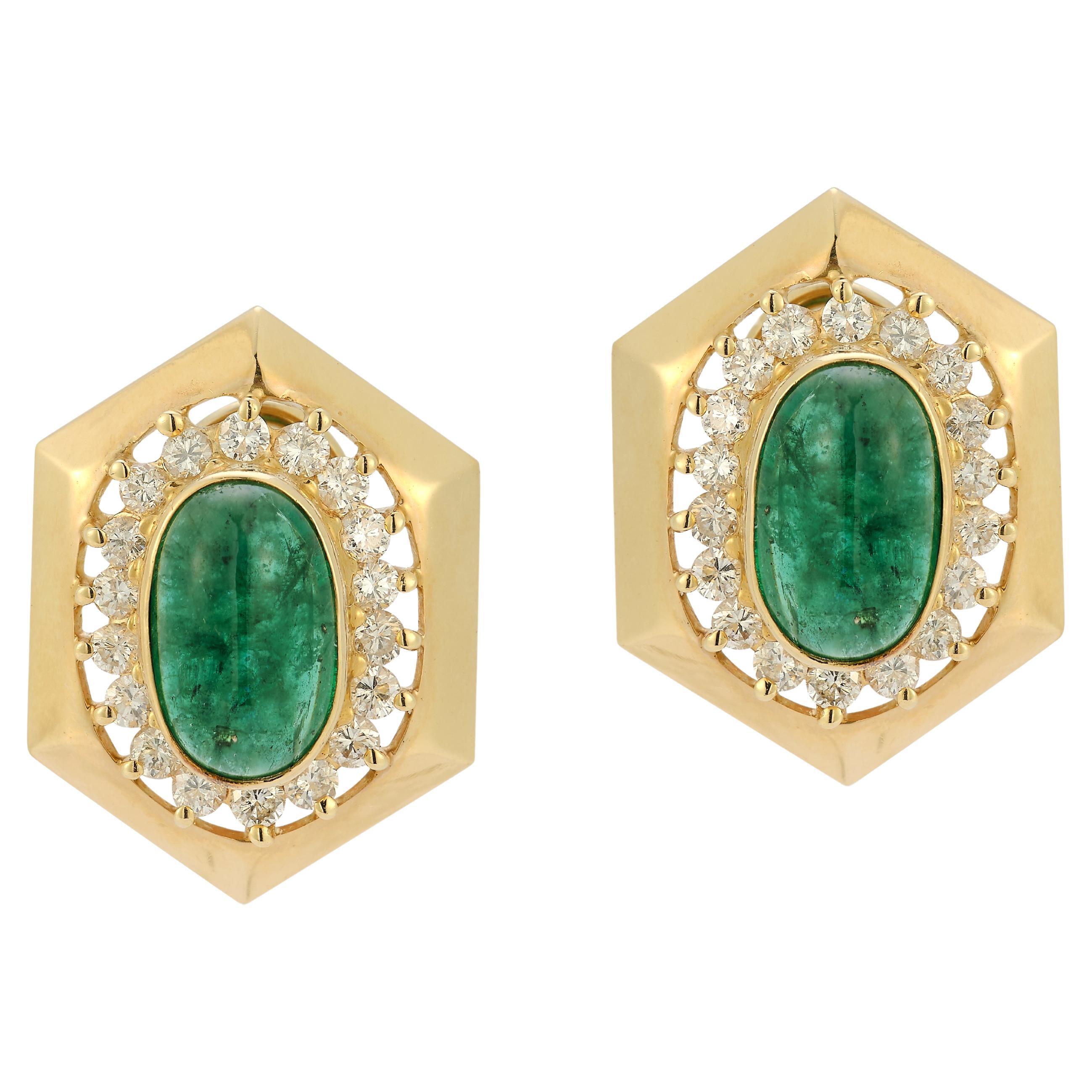 Cabochon Emerald & Diamond Earrings For Sale