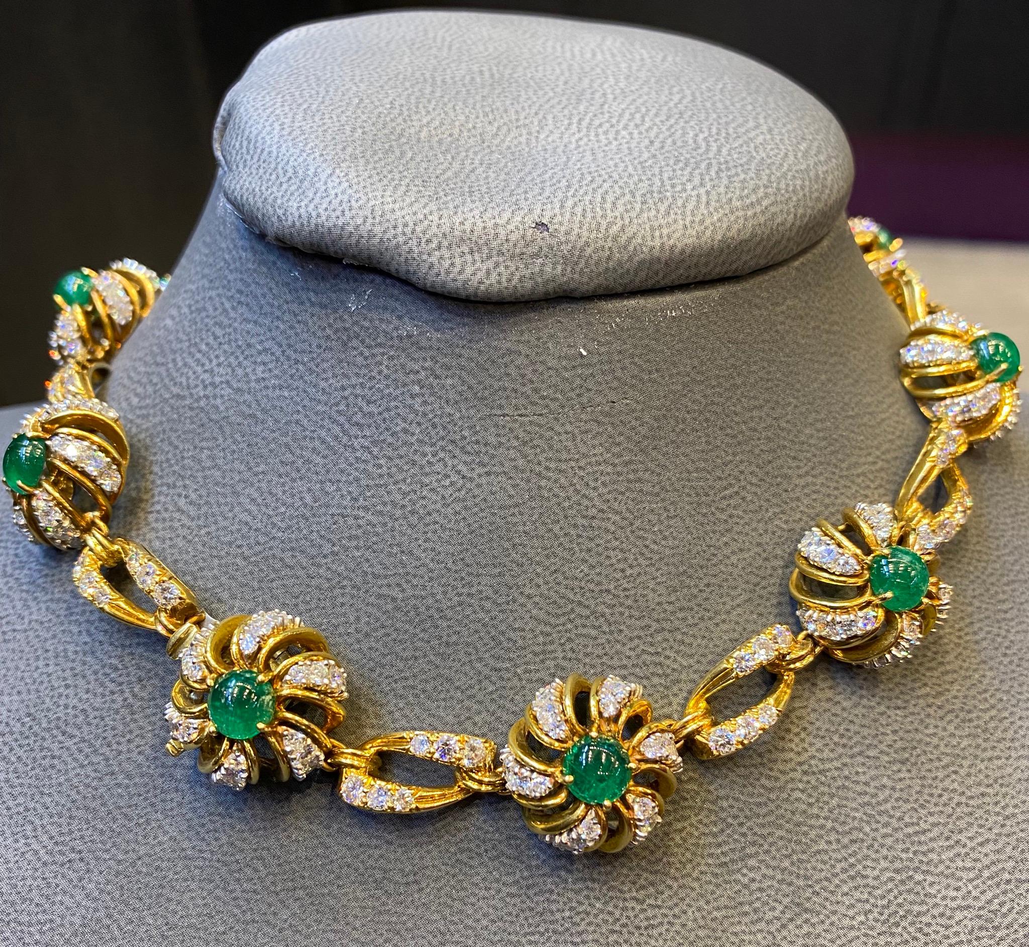 Cabochon Emerald & Diamond Flower Necklace  For Sale 3