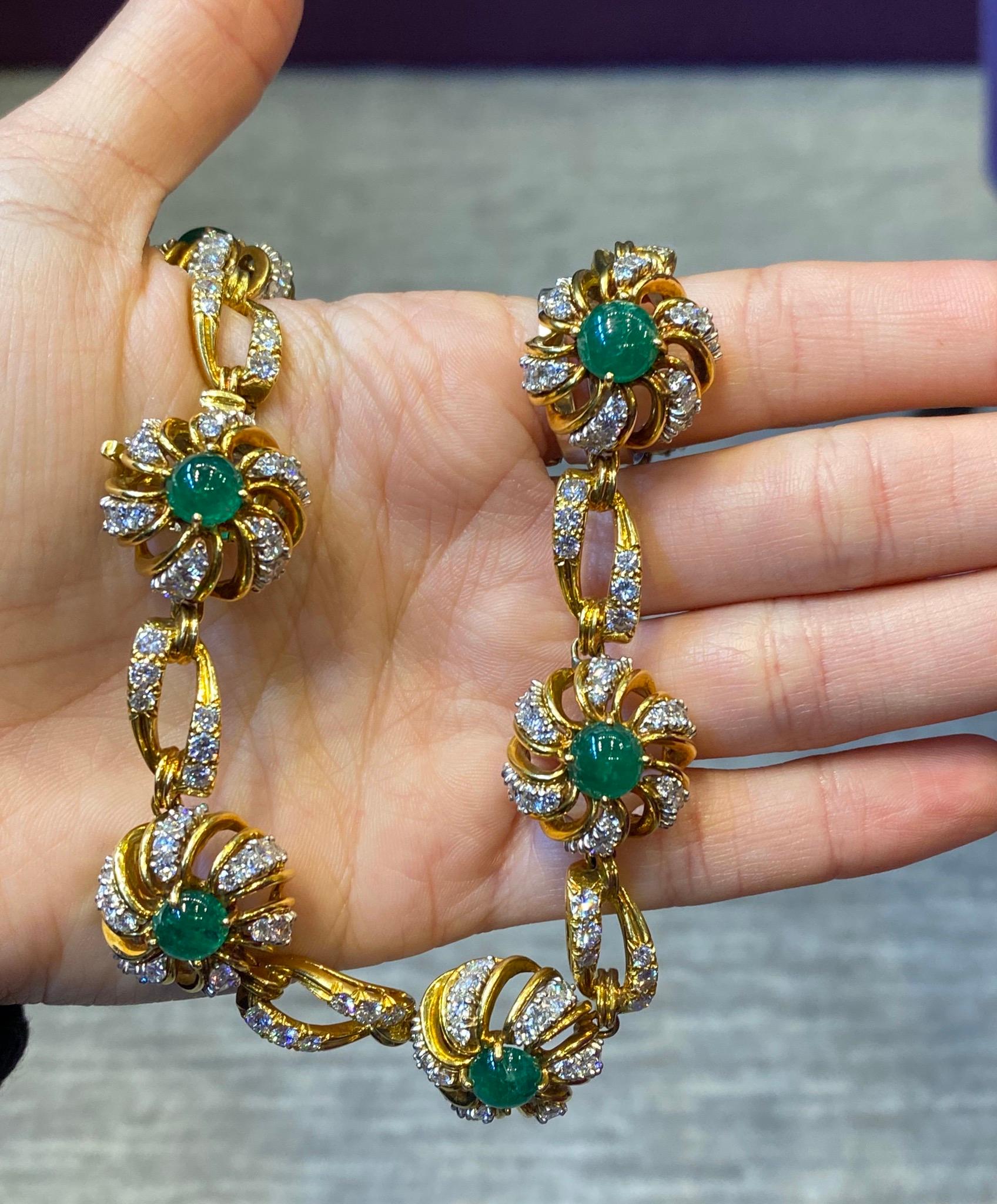 Cabochon Emerald & Diamond Flower Necklace  For Sale 1