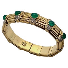 Vintage Cabochon Emerald & Diamond Gold Bangle Bracelet