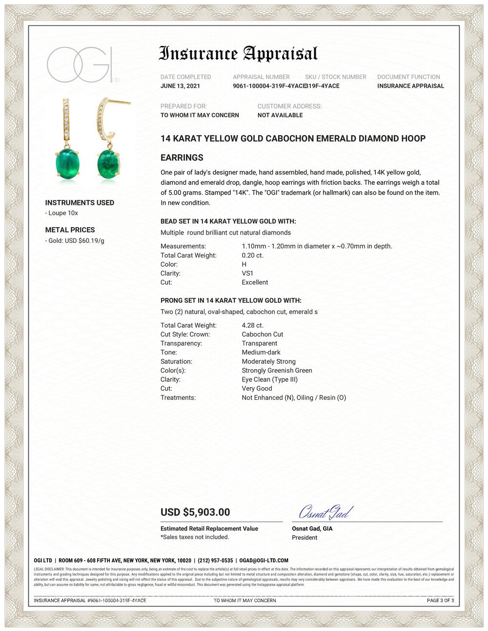 Fourteen karats yellow gold drop hoop earrings 
Two cushion-shaped cabochon emerald weighing 4.28 carat 
Diamonds weighing 0.20 carat 
Emerald hue tone color is of grass green
One of a kind earrings 
New Earrings 
Handmade in the USA
Earrings hoops