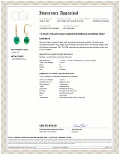Cabochon Emerald Diamond Gold Hoop Earrings Weighing 4.48 Carat