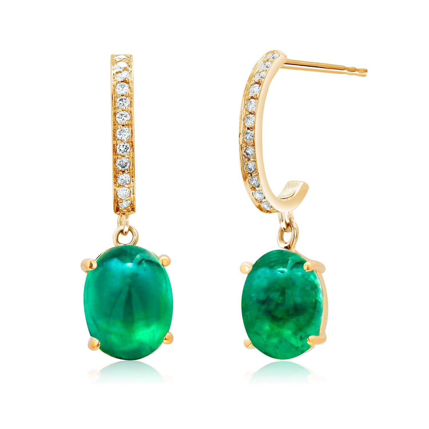 Oval Cut Cabochon Emerald Diamond Gold Hoop Earrings Weighing 4.48 Carat