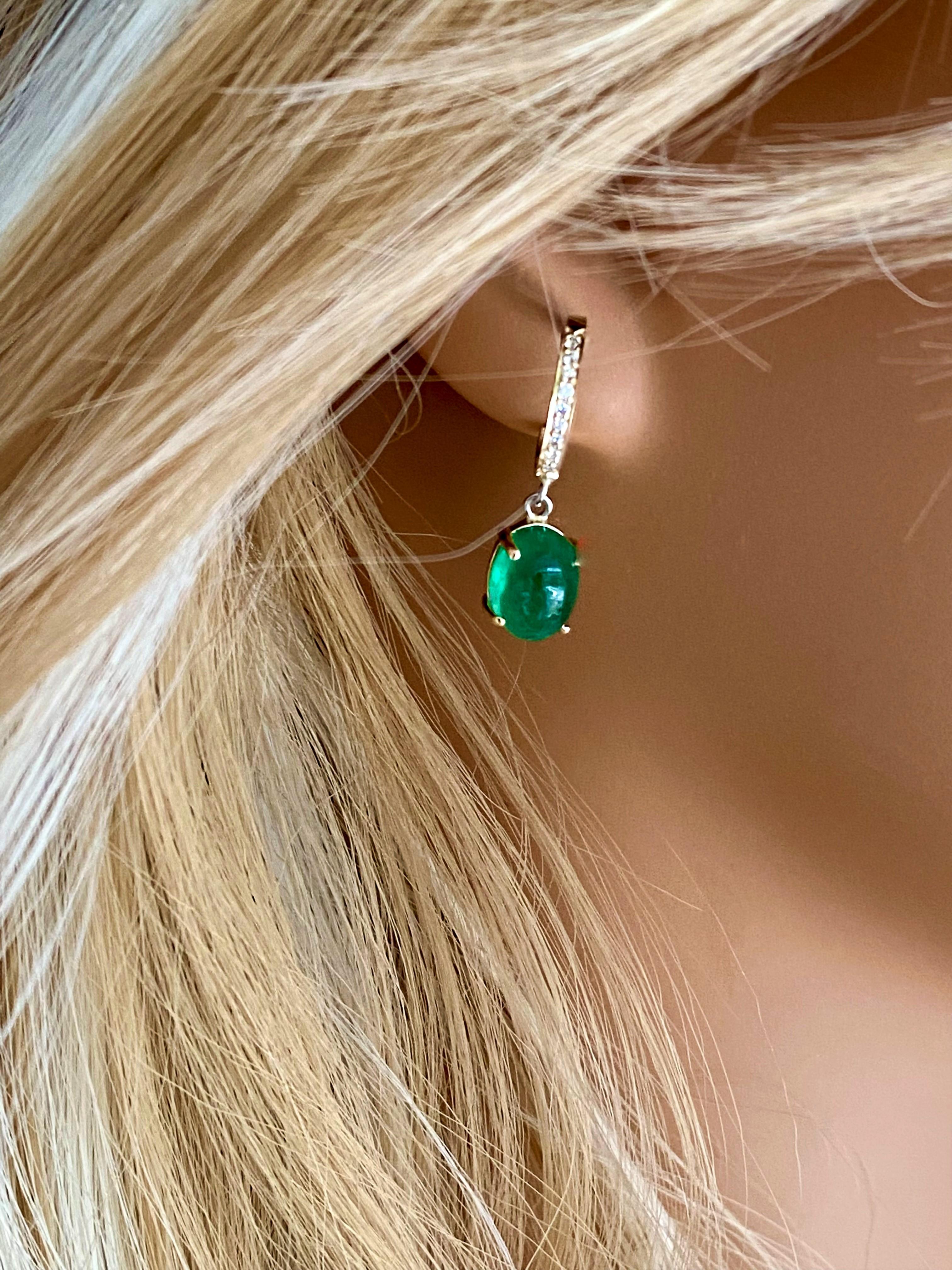 Cabochon Emerald Diamond Gold Hoop Earrings Weighing 4.48 Carat In New Condition In New York, NY