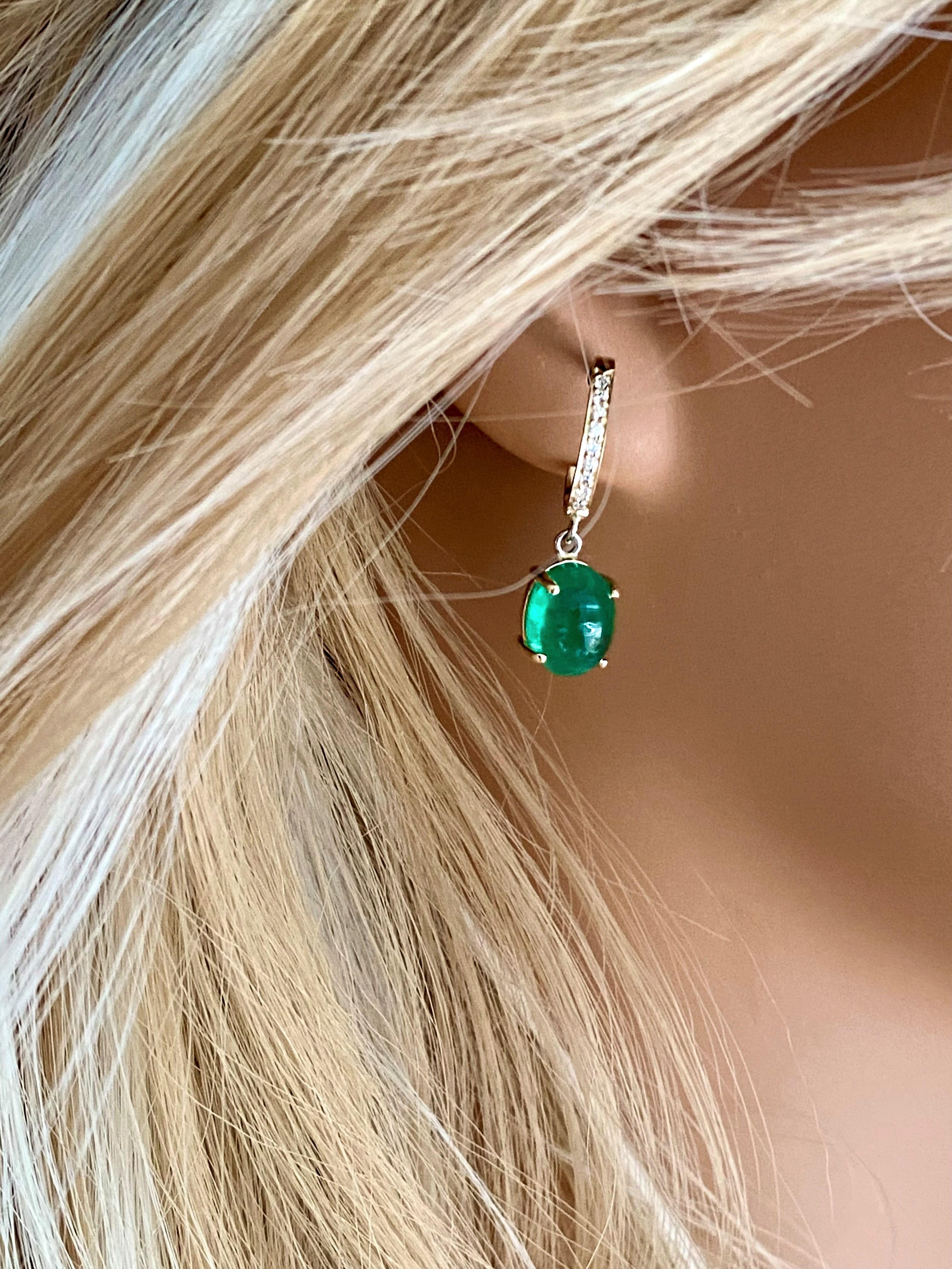 Cabochon Emerald Diamond Gold Hoop Earrings Weighing 4.48 Carat 1