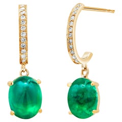 Cabochon Emerald Diamond Gold Hoop Earrings Weighing 4.48 Carat