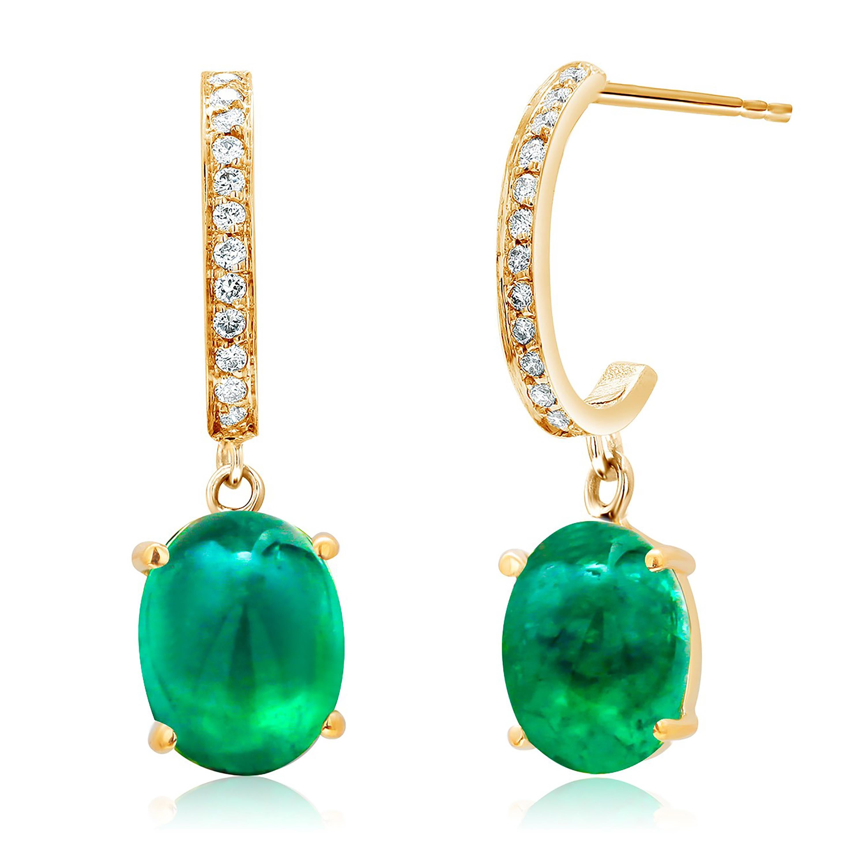 Cabochon Emerald Diamond Gold Hoop Earrings Weighing 4.48 Carat In New Condition In New York, NY