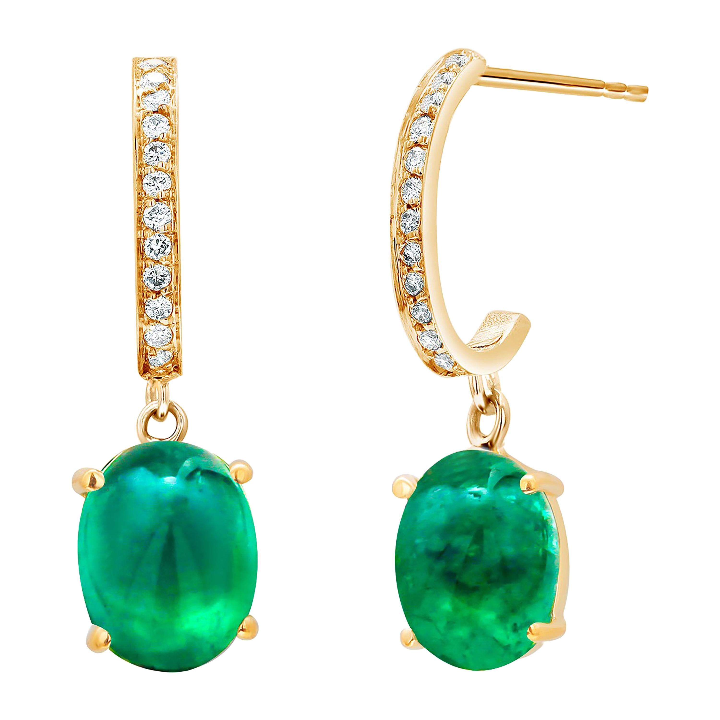 Cabochon Emerald Diamond Gold Hoop Earrings Weighing 4.48 Carat