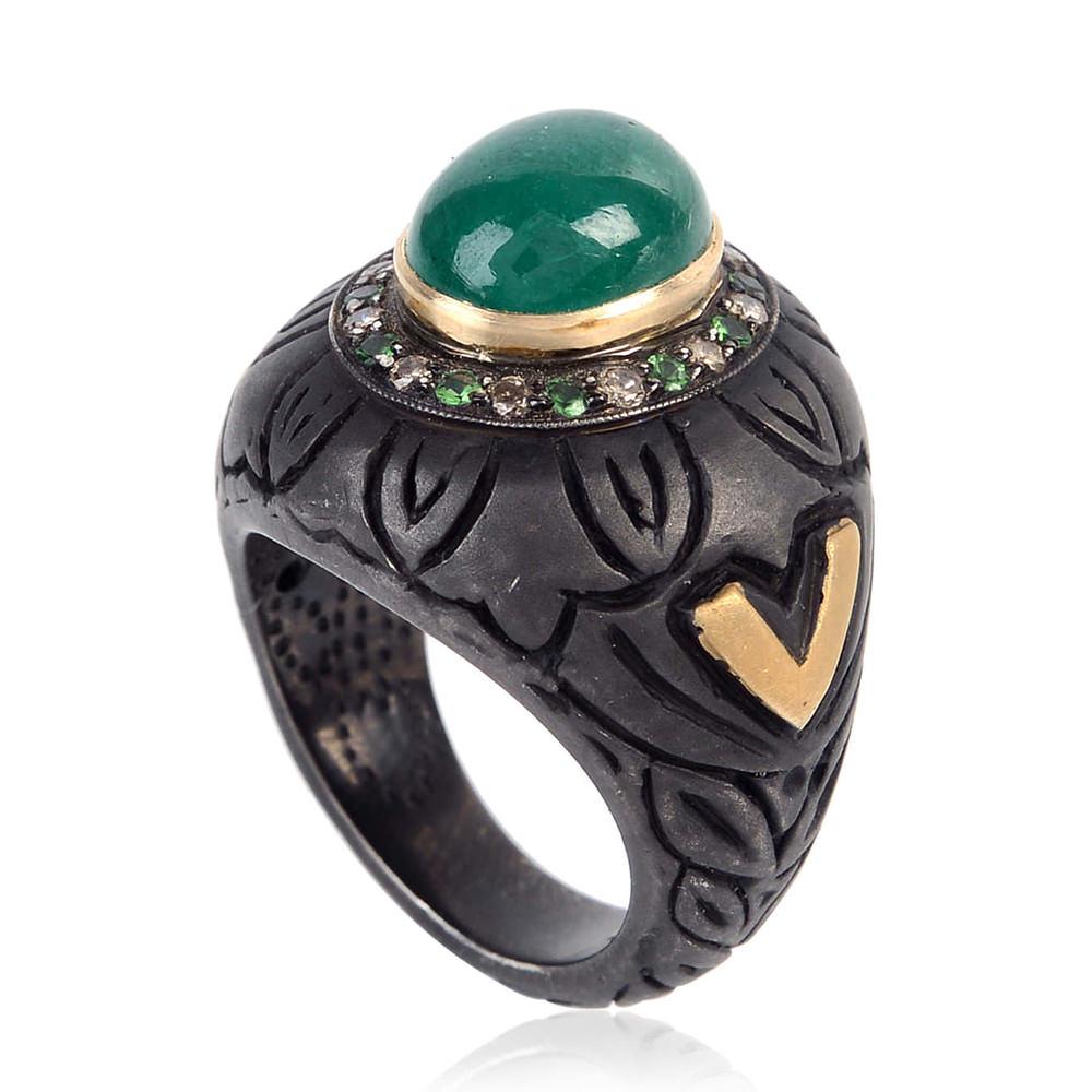 Emerald Cut Cabochon Emerald Diamond Gold Ring For Sale