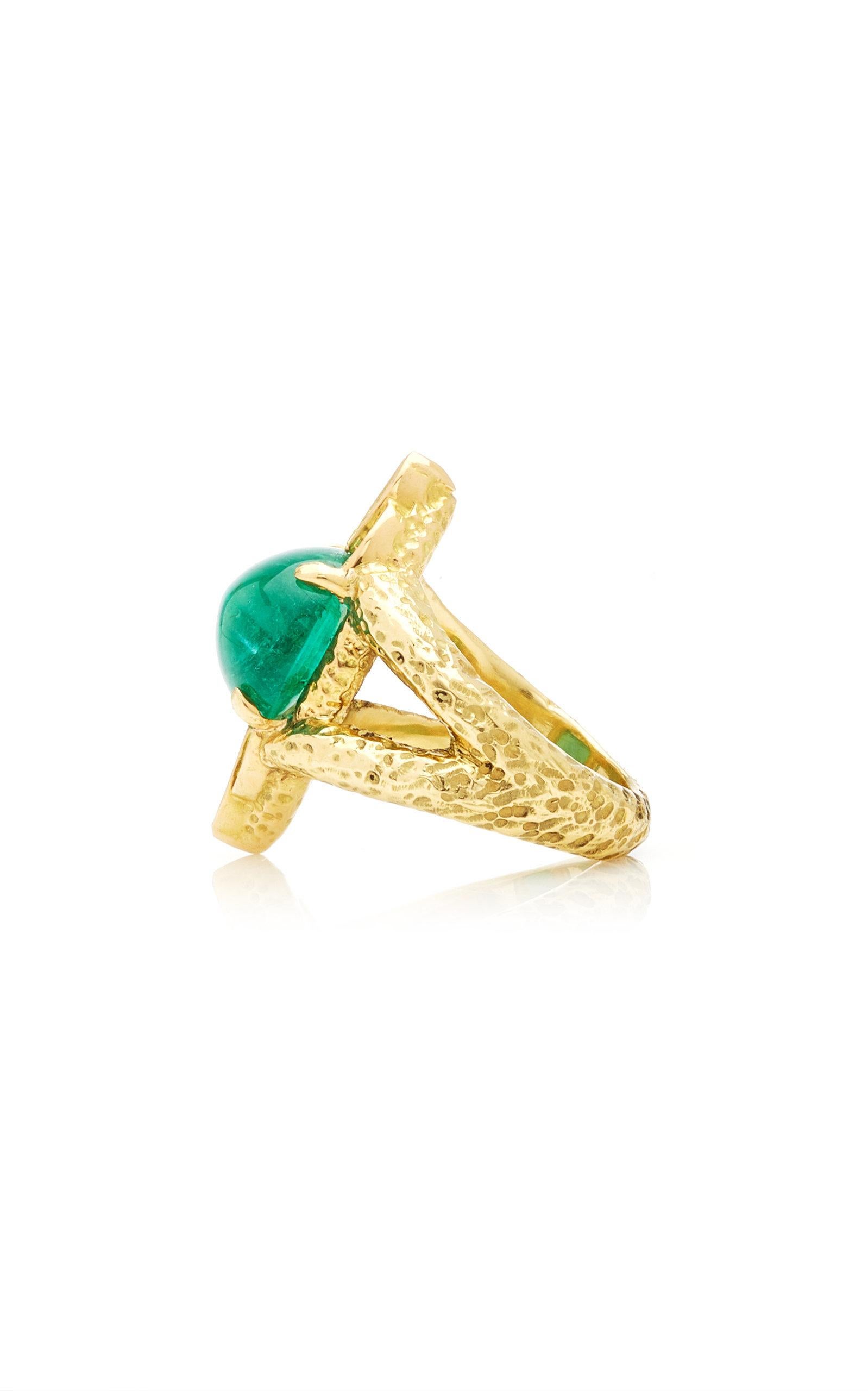 Women's or Men's Cabochon Emerald Diamond Gold Ring For Sale