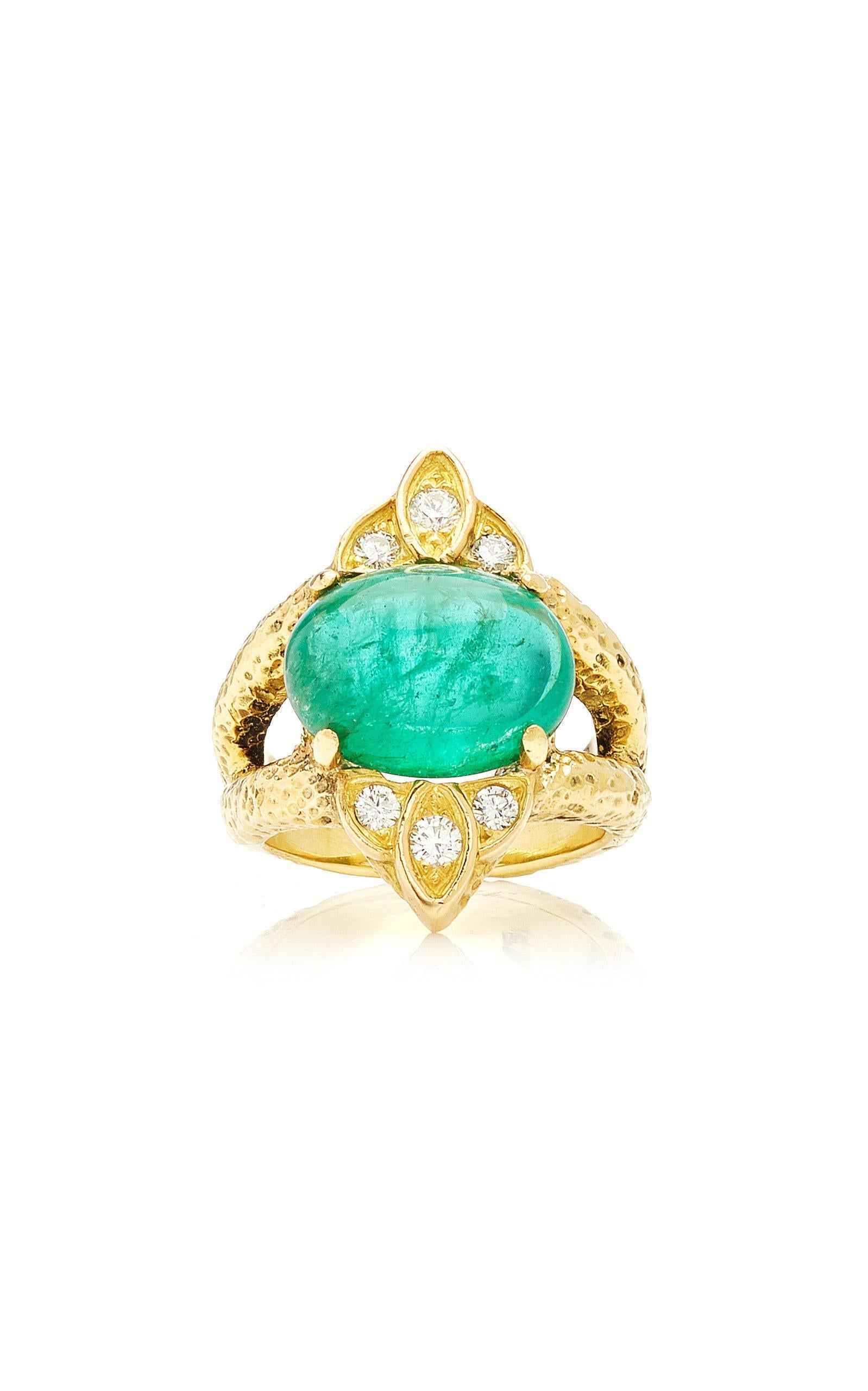 Goldring mit Cabochon-Smaragd und Diamant im Angebot 2