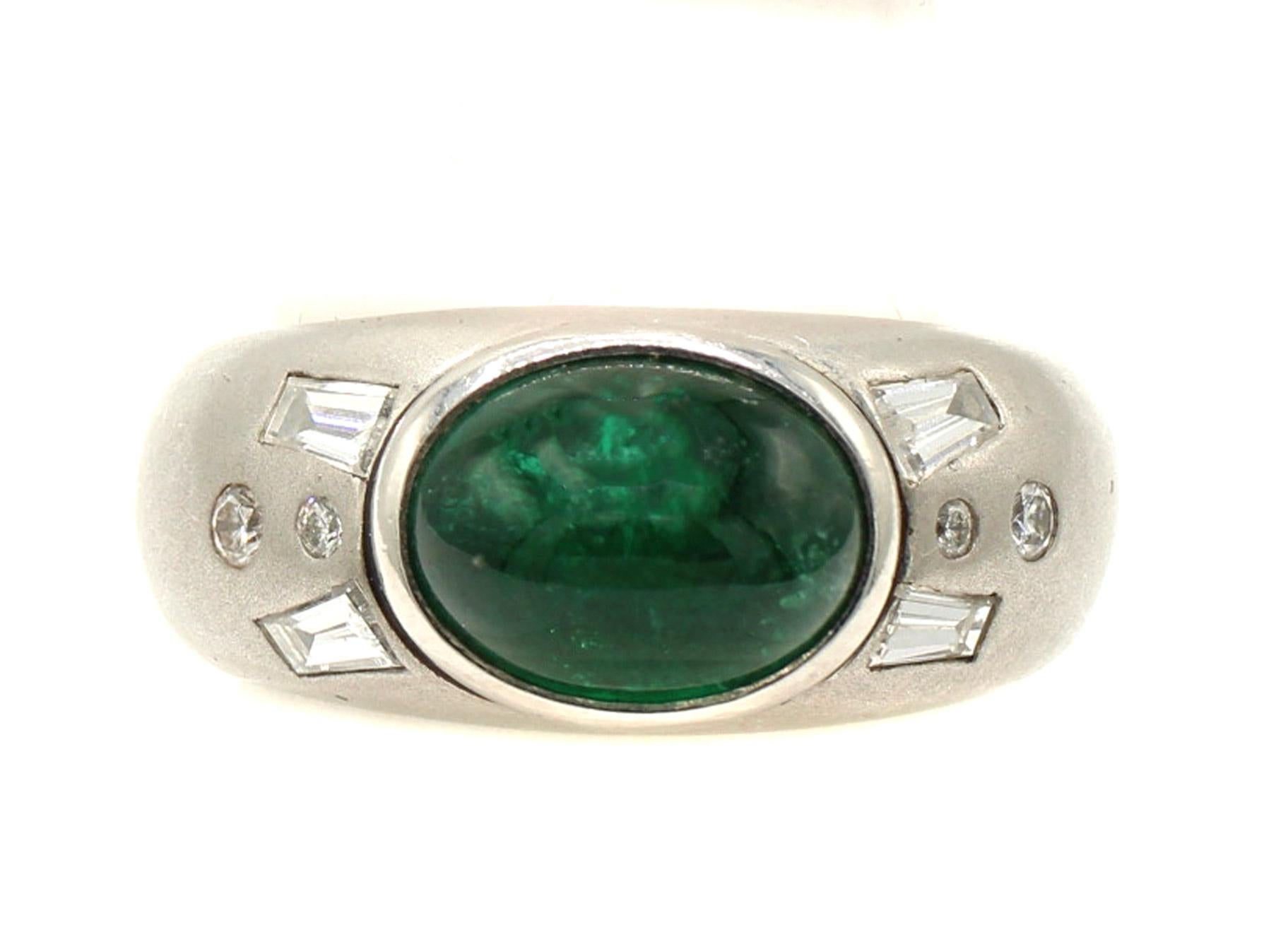 Mixed Cut Cabochon Emerald Diamond Platinum Gypsy Ring For Sale