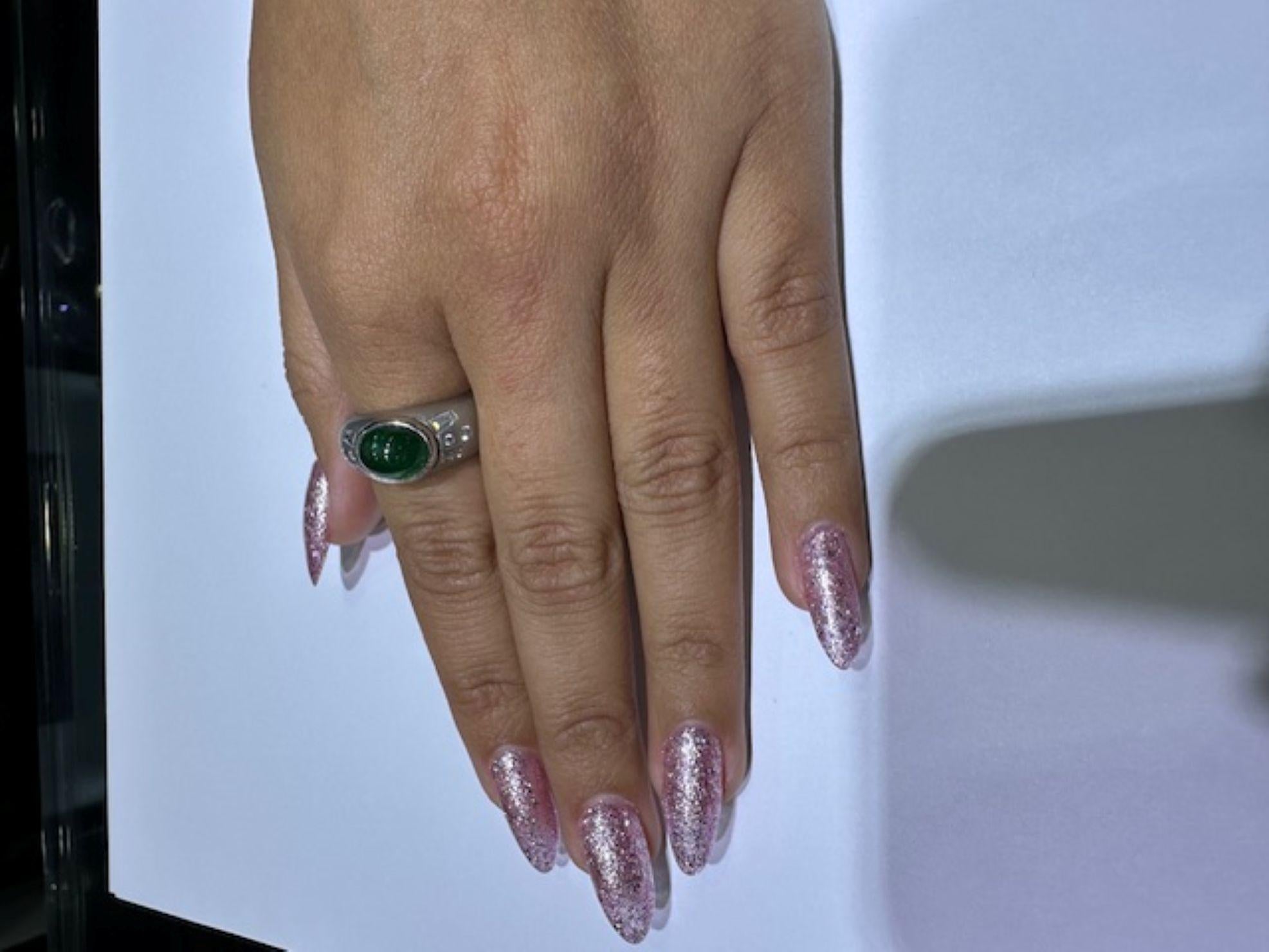 Cabochon Emerald Diamond Platinum Gypsy Ring For Sale 1