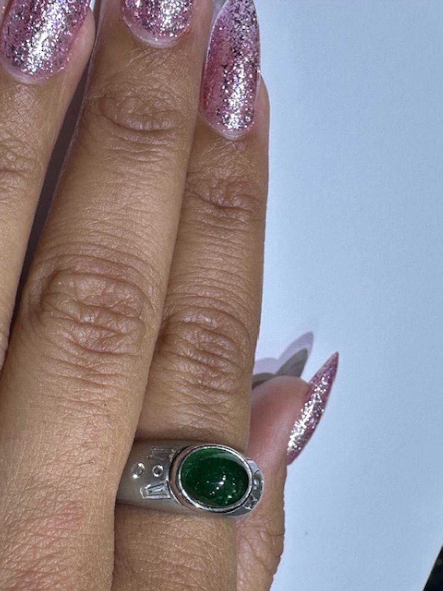 Cabochon Emerald Diamond Platinum Gypsy Ring For Sale 2