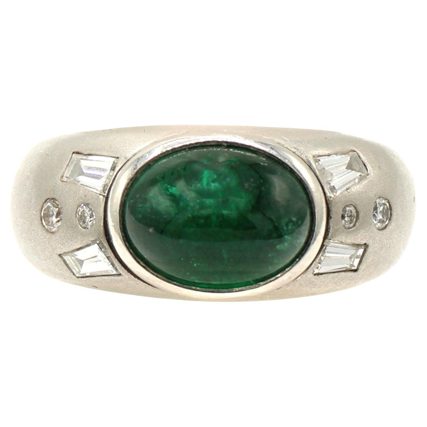 Cabochon Emerald Diamond Platinum Gypsy Ring For Sale