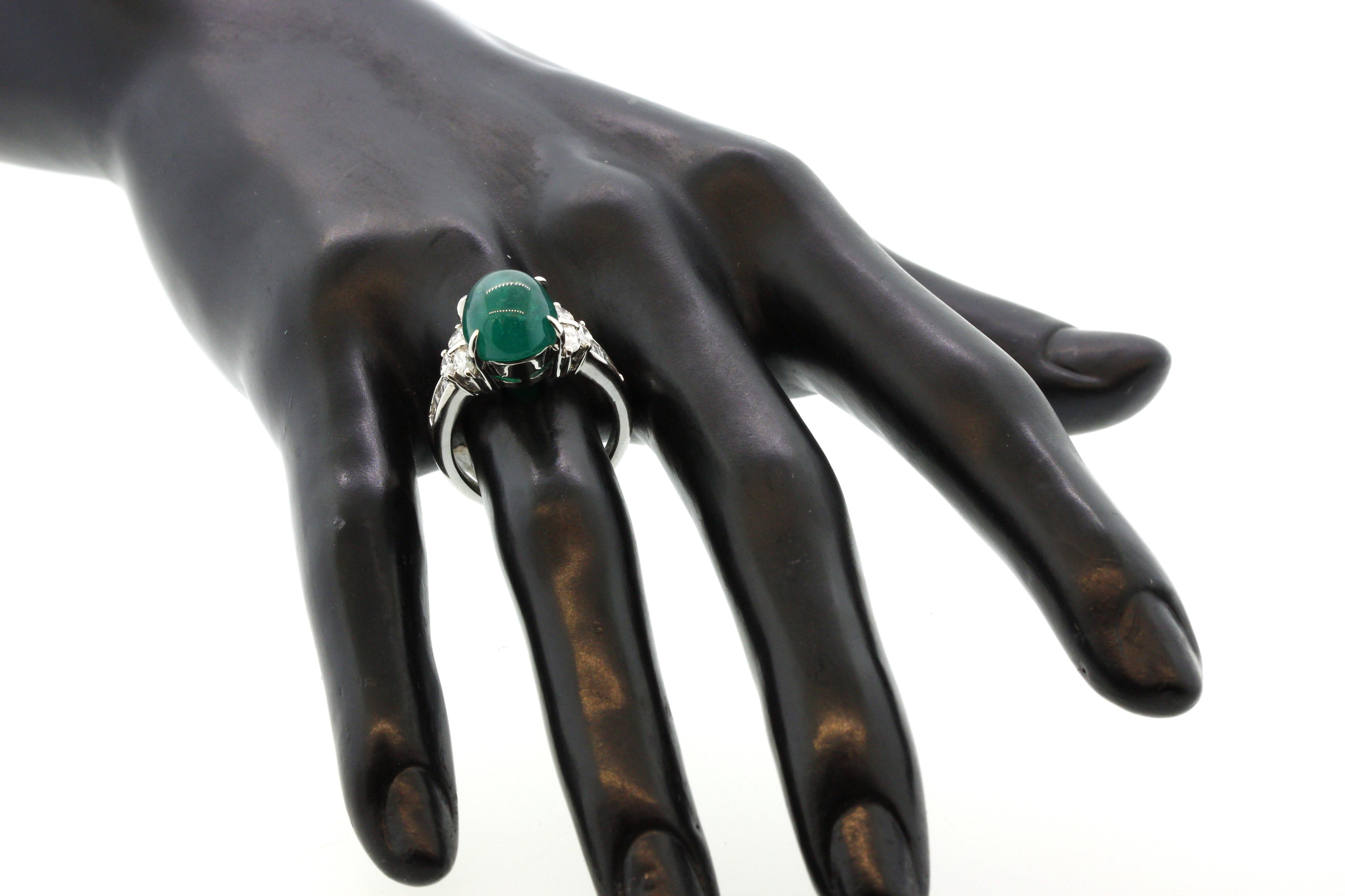 Cabochon Emerald Diamond Platinum Ring For Sale 4