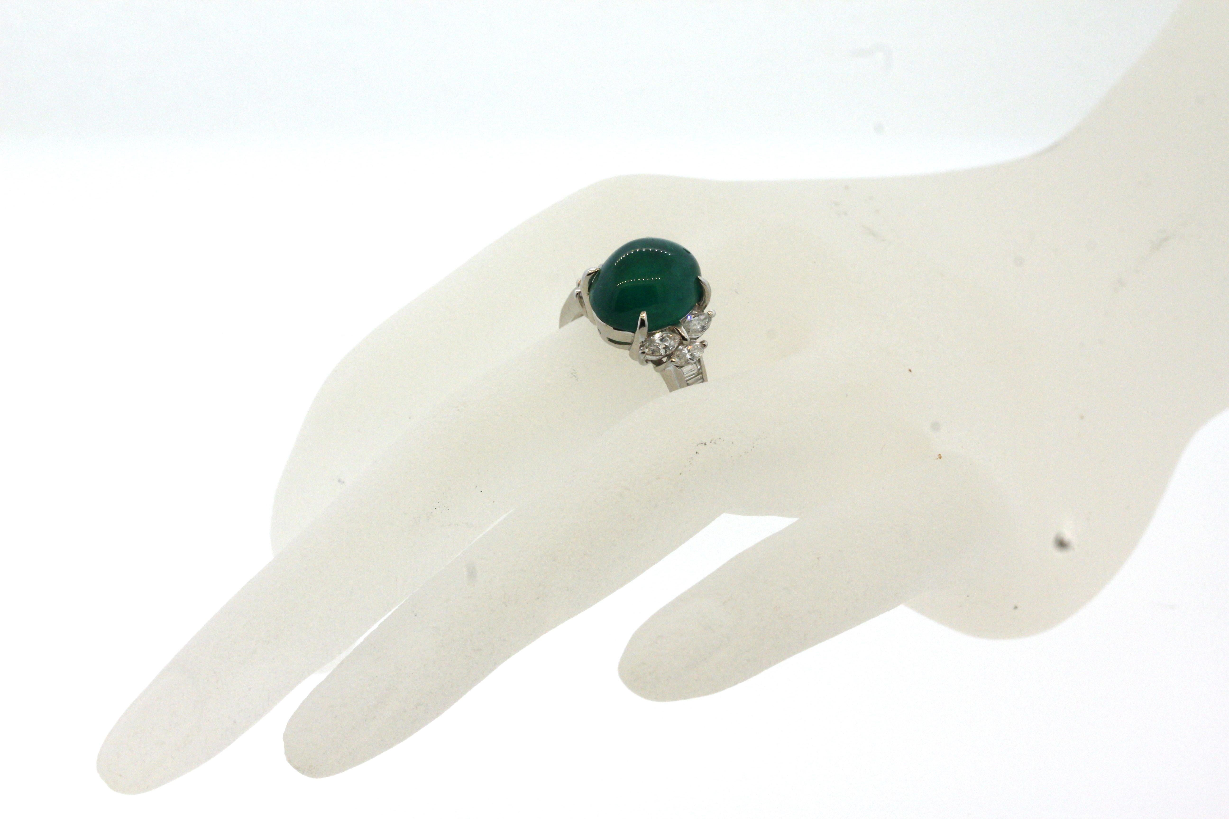 Cabochon Emerald Diamond Platinum Ring For Sale 8