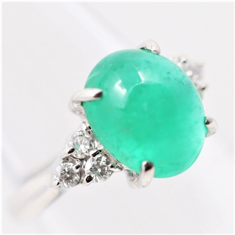 Mixed Cut Cabochon Emerald Diamond Platinum Ring For Sale