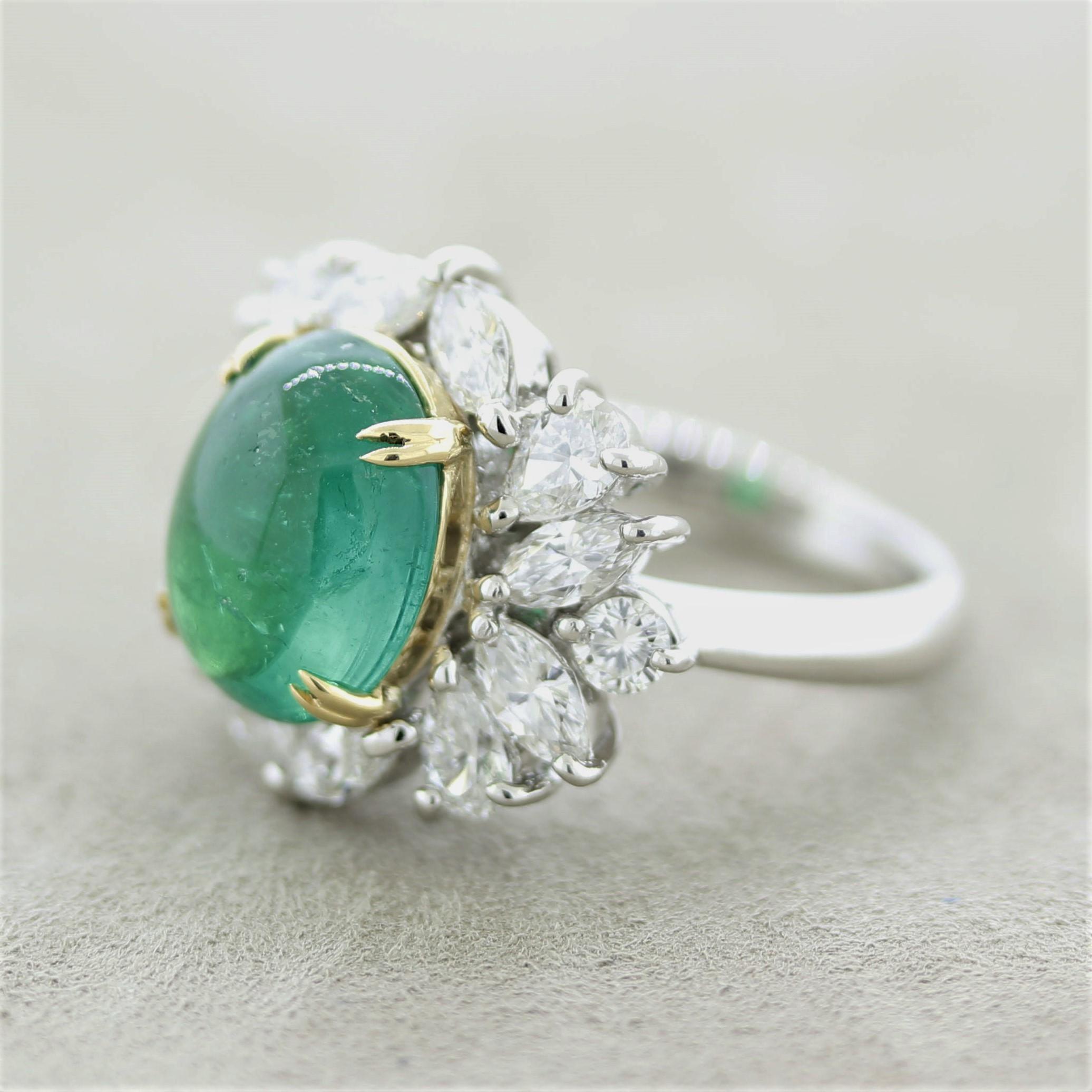 Mixed Cut Cabochon Emerald Diamond Platinum Ring For Sale