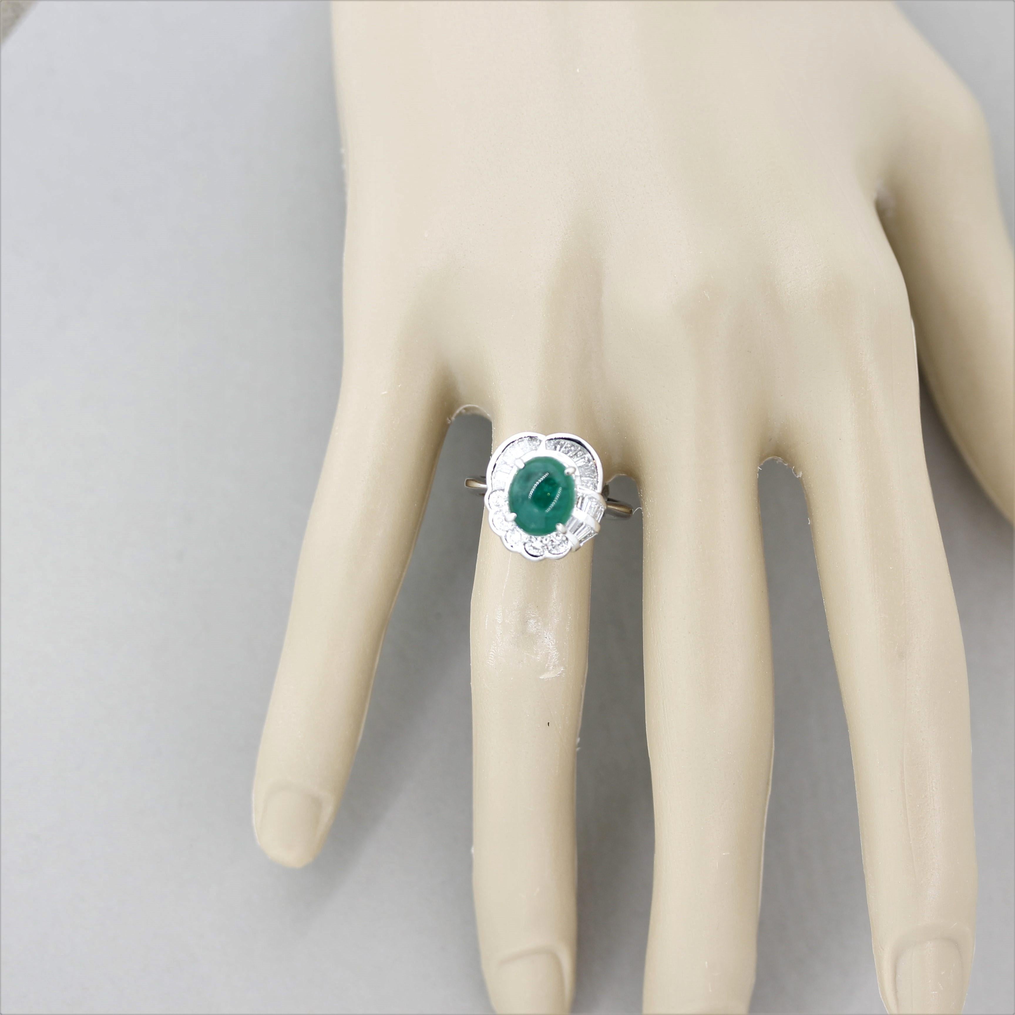 Cabochon Emerald Diamond Platinum Ring 2