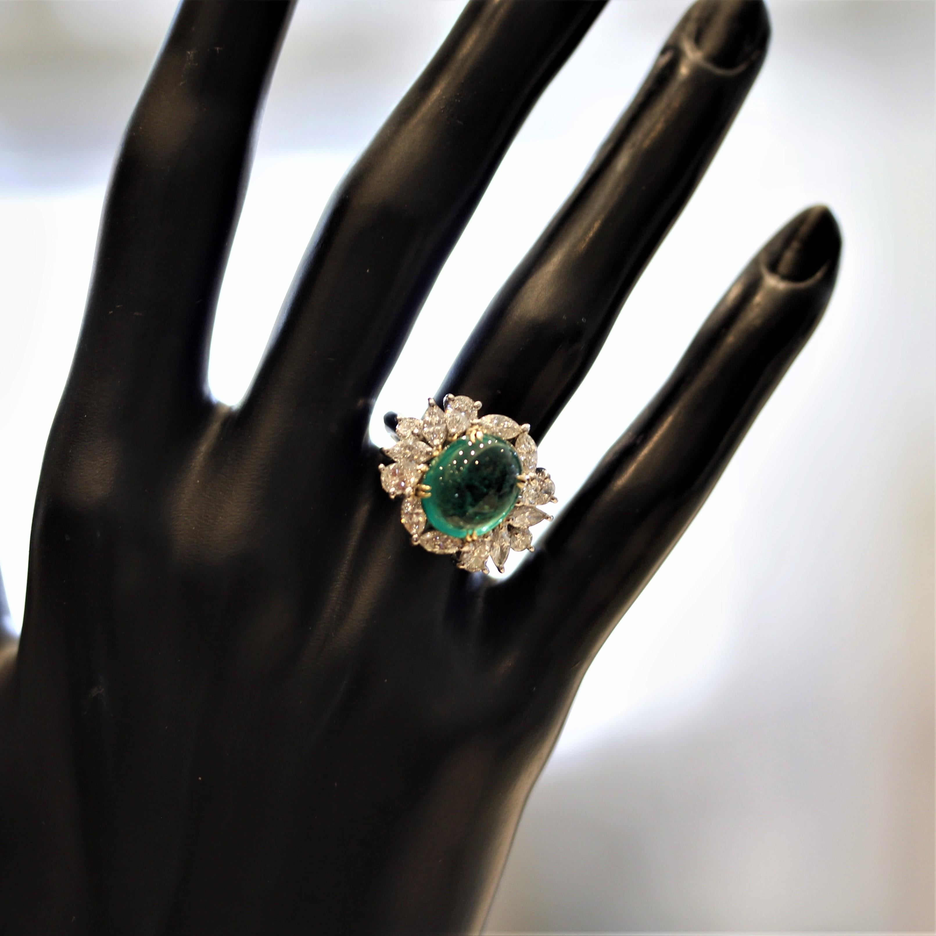 Cabochon Emerald Diamond Platinum Ring For Sale 1