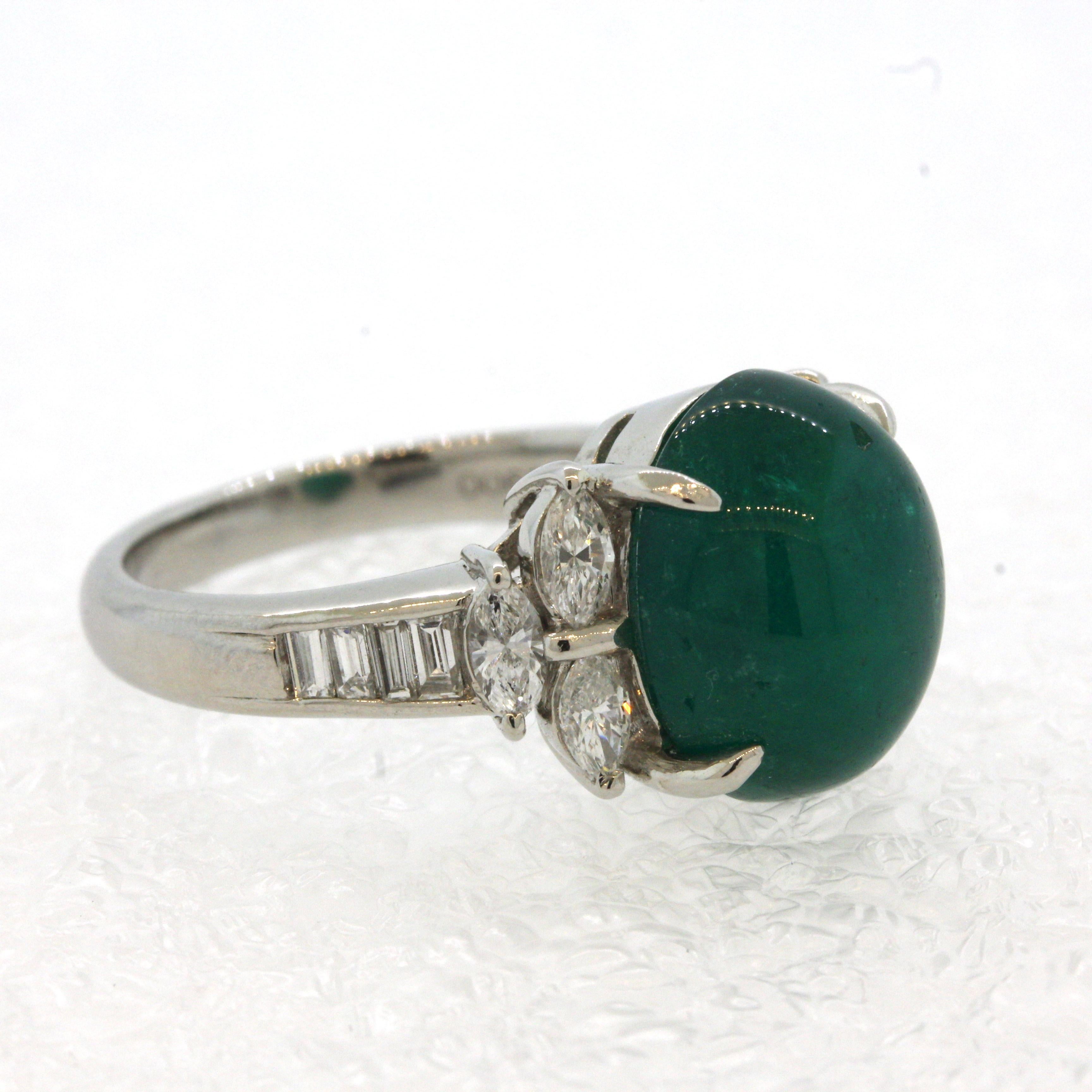 Women's Cabochon Emerald Diamond Platinum Ring For Sale