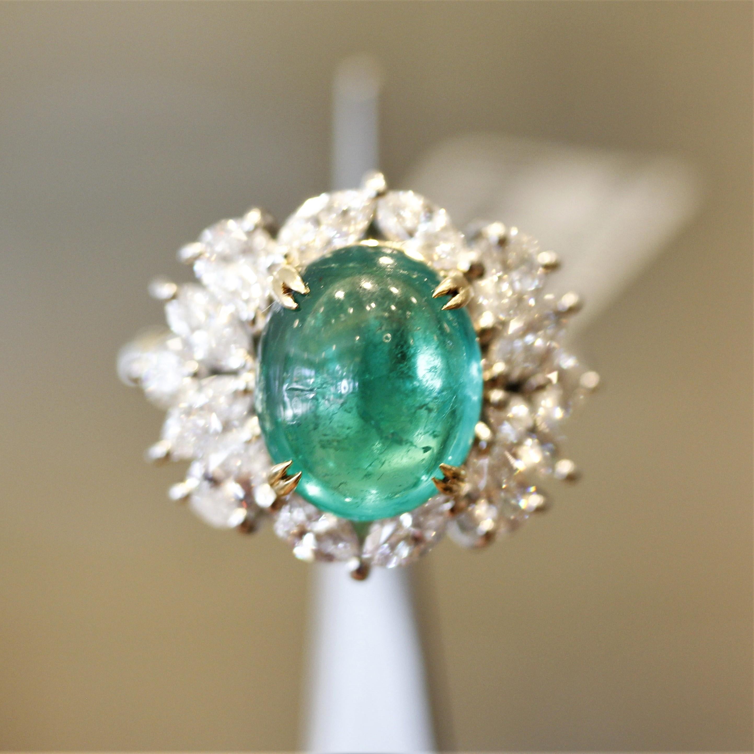 Cabochon Emerald Diamond Platinum Ring For Sale 2