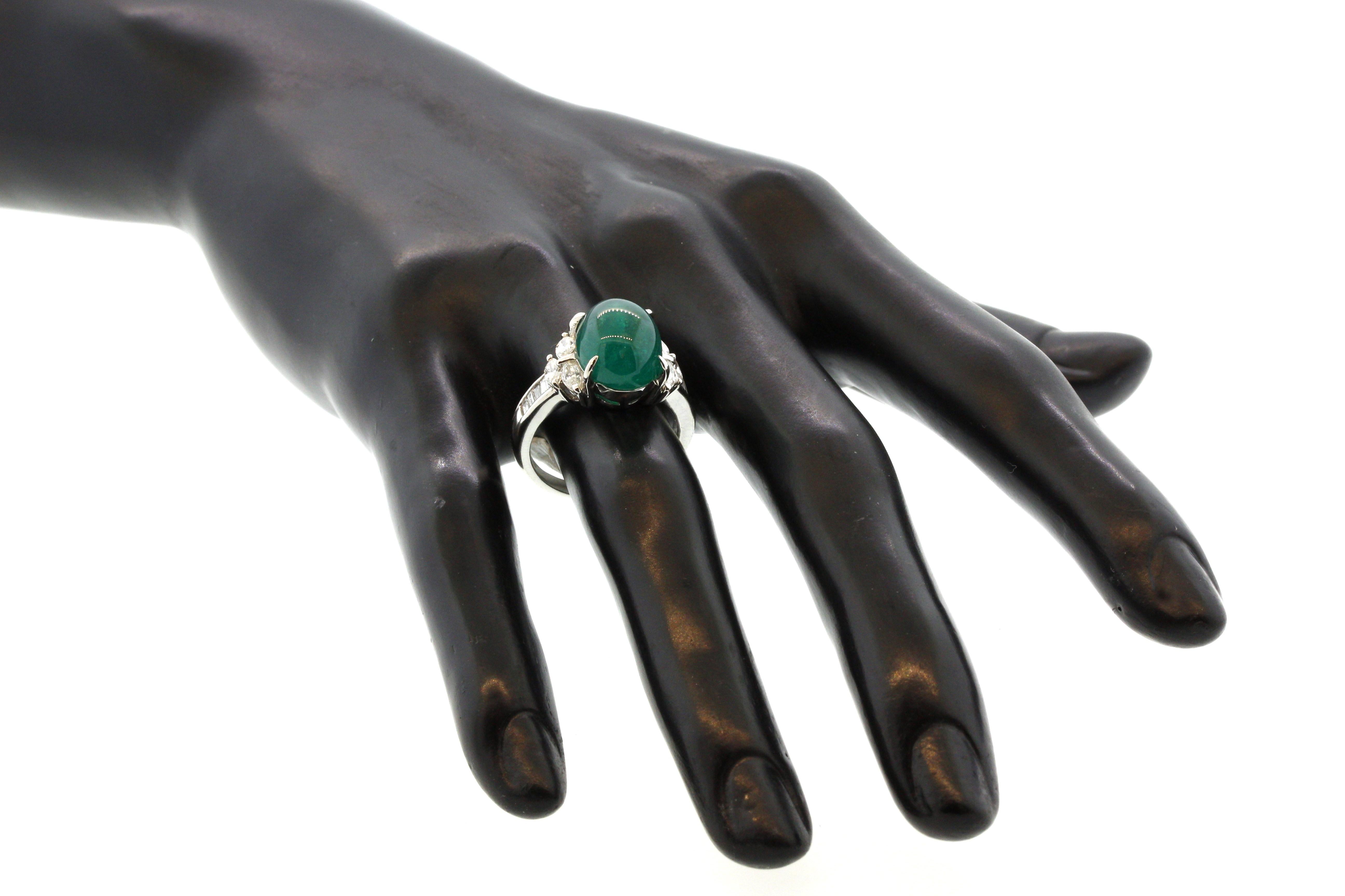 Cabochon Emerald Diamond Platinum Ring For Sale 3